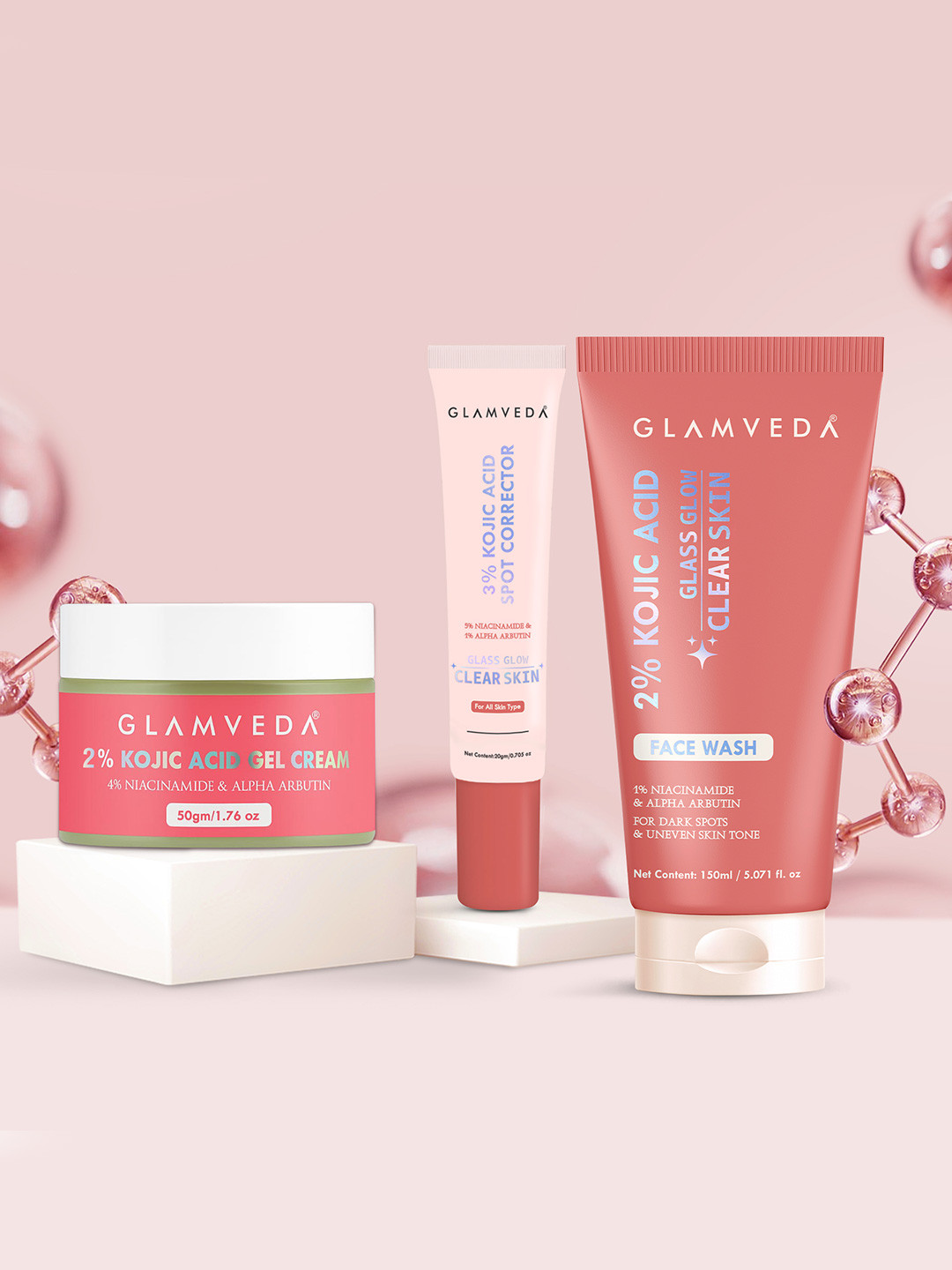 GLAMVEDA Set Of 3 2% Kojic Acid Face Wash- 100 ml- Spot Corrector- 20 g & Gel Cream- 50 g