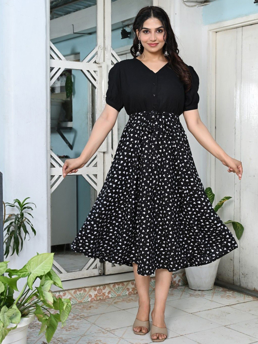 Sadhnazon Print Puff Sleeve Fit & Flare Midi Dress