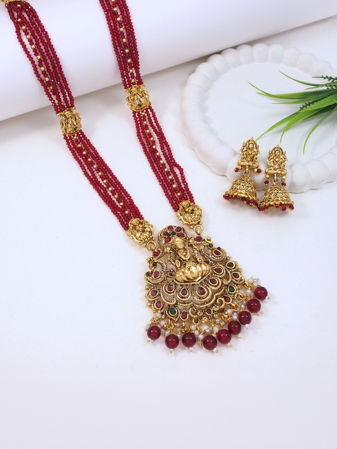 House of Pataudi Women Gold-Plated Stone Studded & Beaded Pendant Temple Jewellery Set