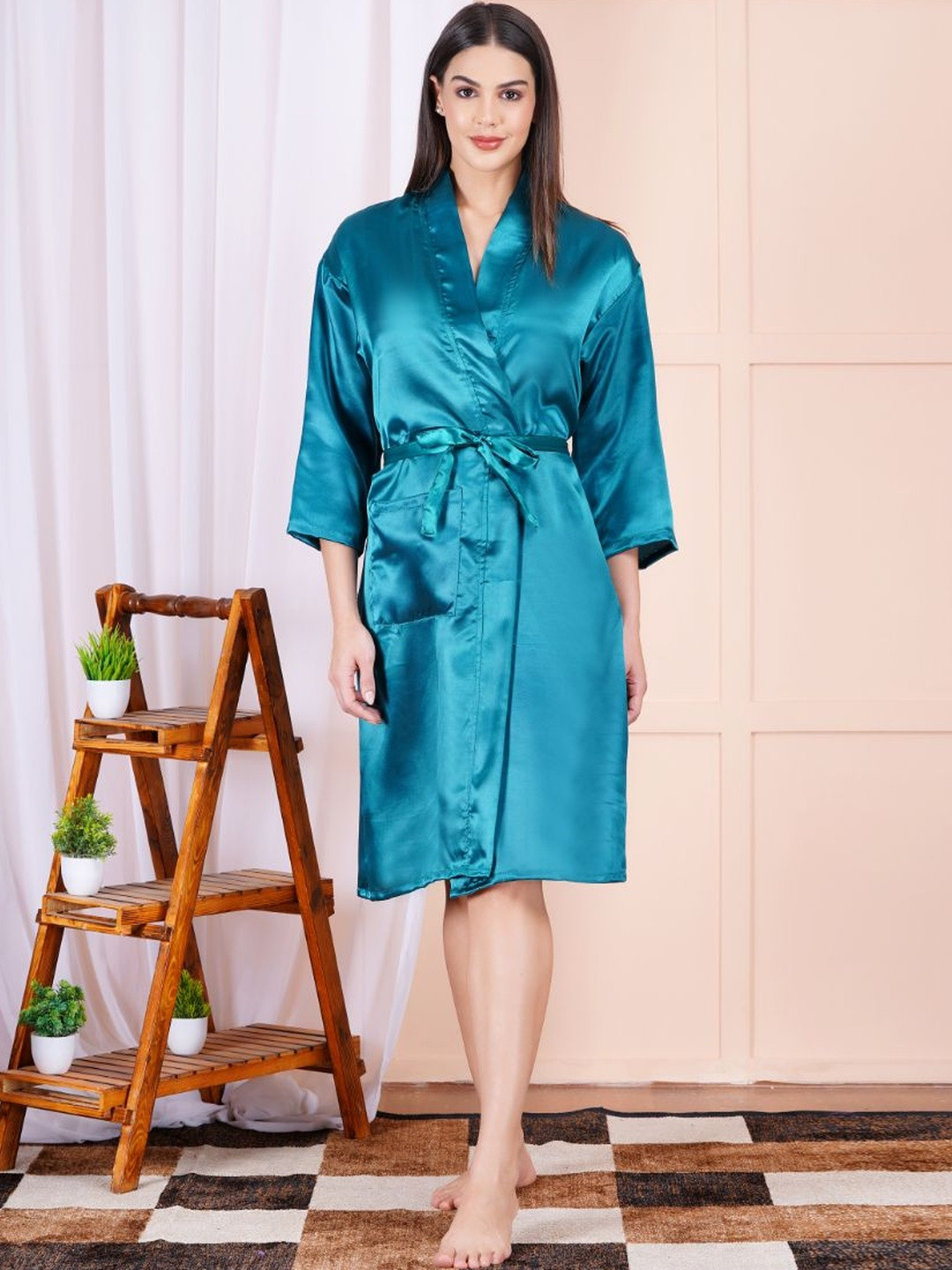 POORAK Blue Satin Tie-Ups Knee Length Bath Robe