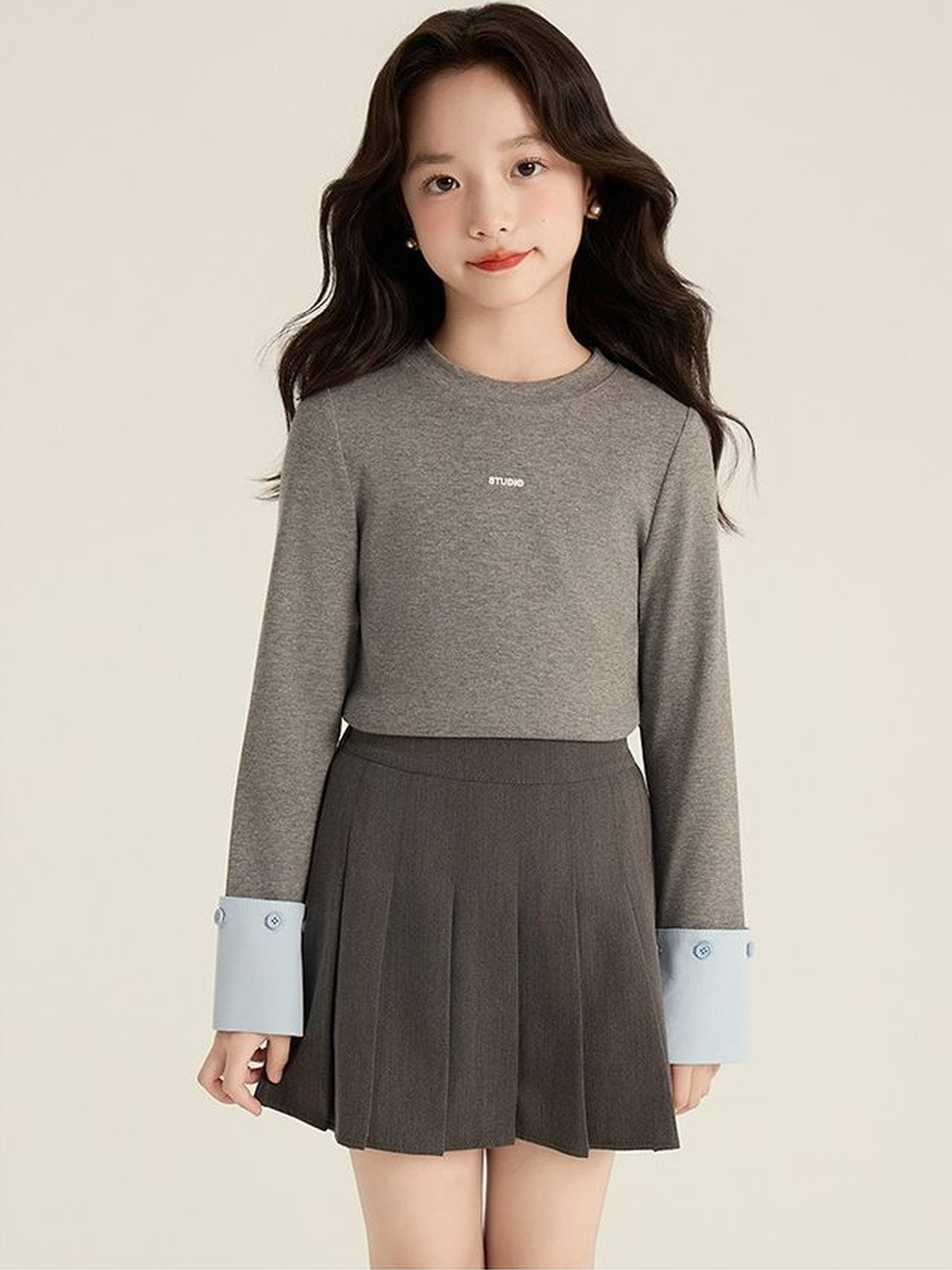 LULU & SKY Girls Contrast Cuff Knitted Round Neck Top