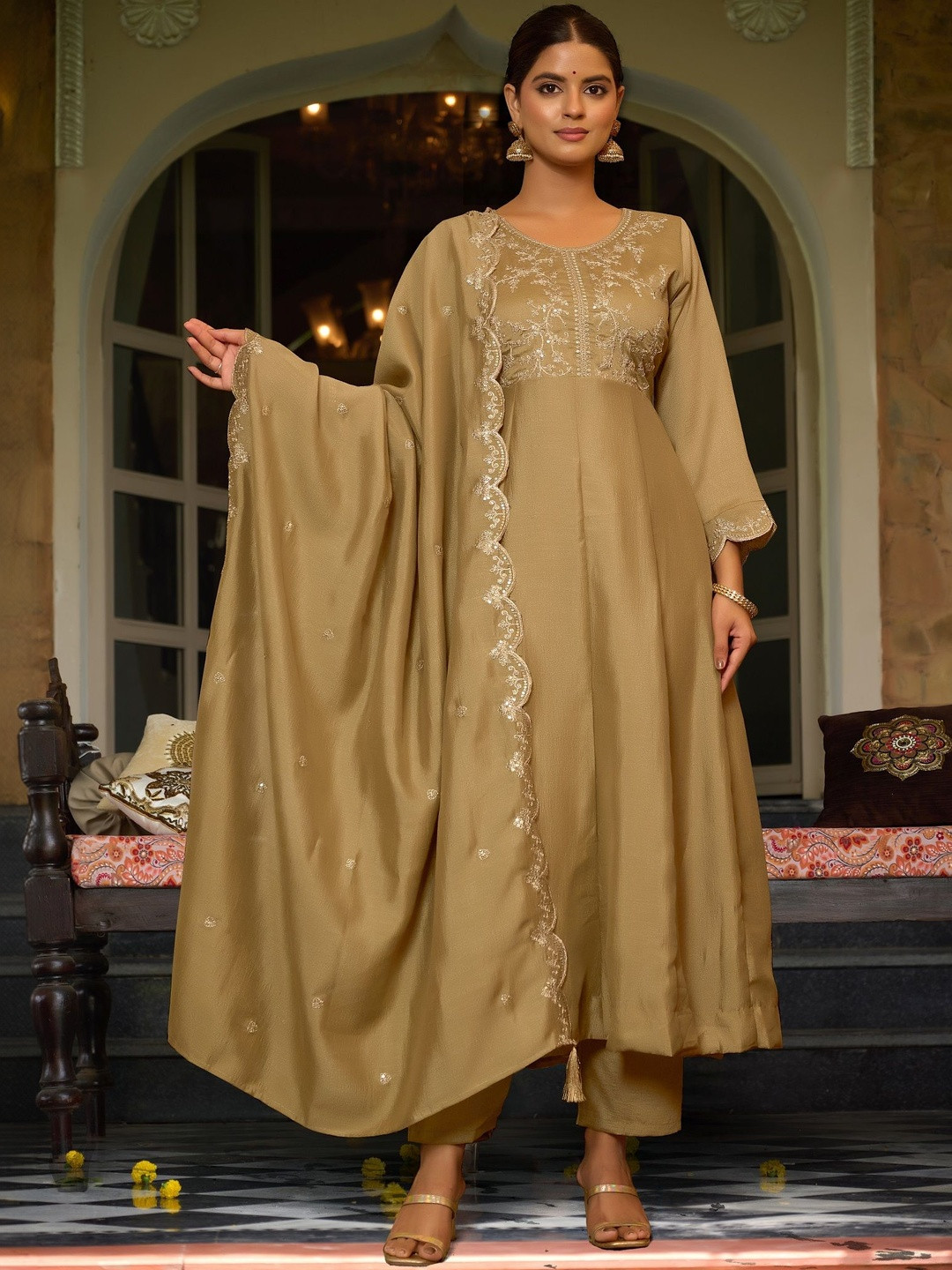 SHREEKALI Floral Embroidered Panelled Sequinned Anarkali Kurta With Trousers & Dupatta