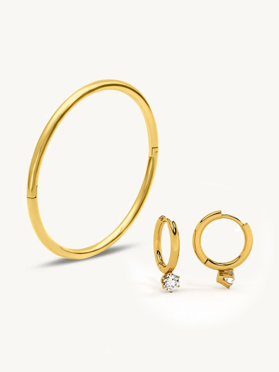 PALMONAS 18K Gold Plated Athena Solitaire Hoop Earrings & Classic Bangle Bracelet Set