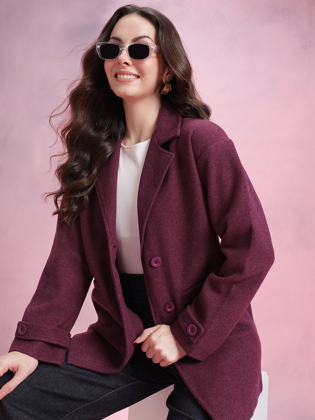 DressBerry Notched Lapel Boucle Single Breasted Overcoat