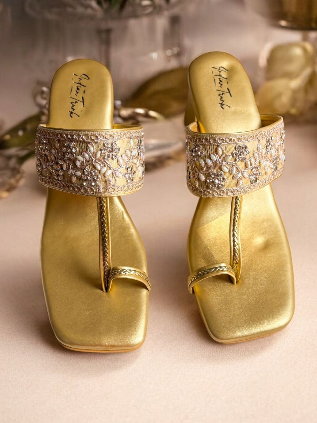 Indian Trunk Embellished Square Toe Kolhapuri Block Heels
