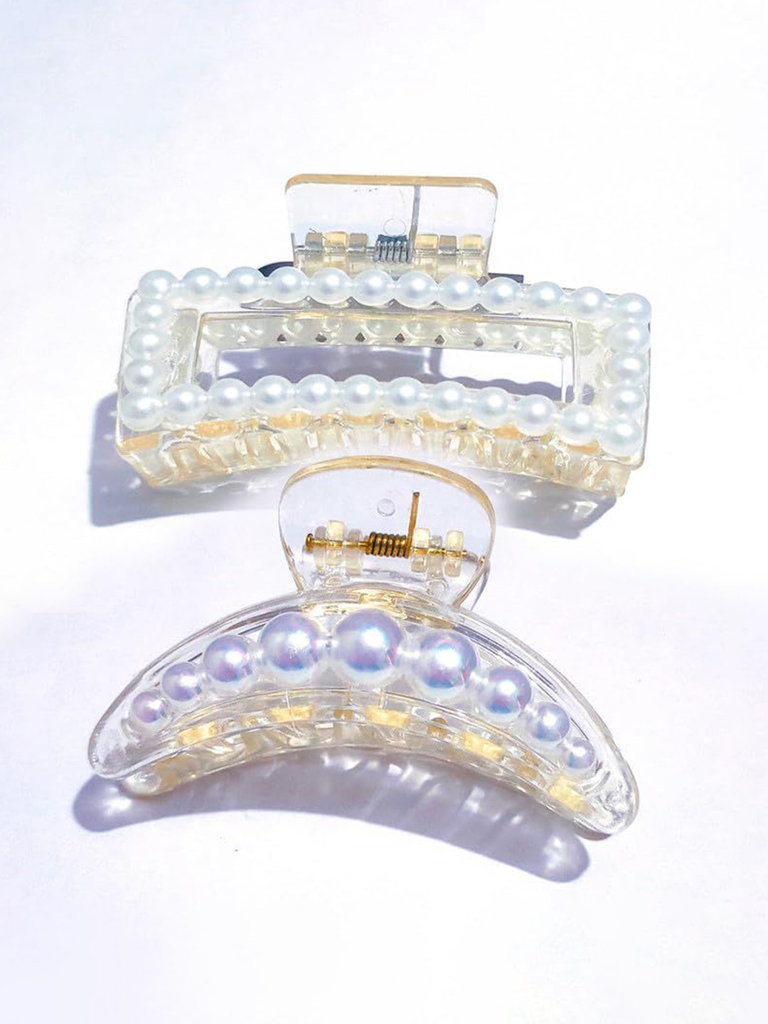 HANDBAG COLLECTION Women Set of 2 Embellished Rectangular & Half Moon Pearls Claw Clip