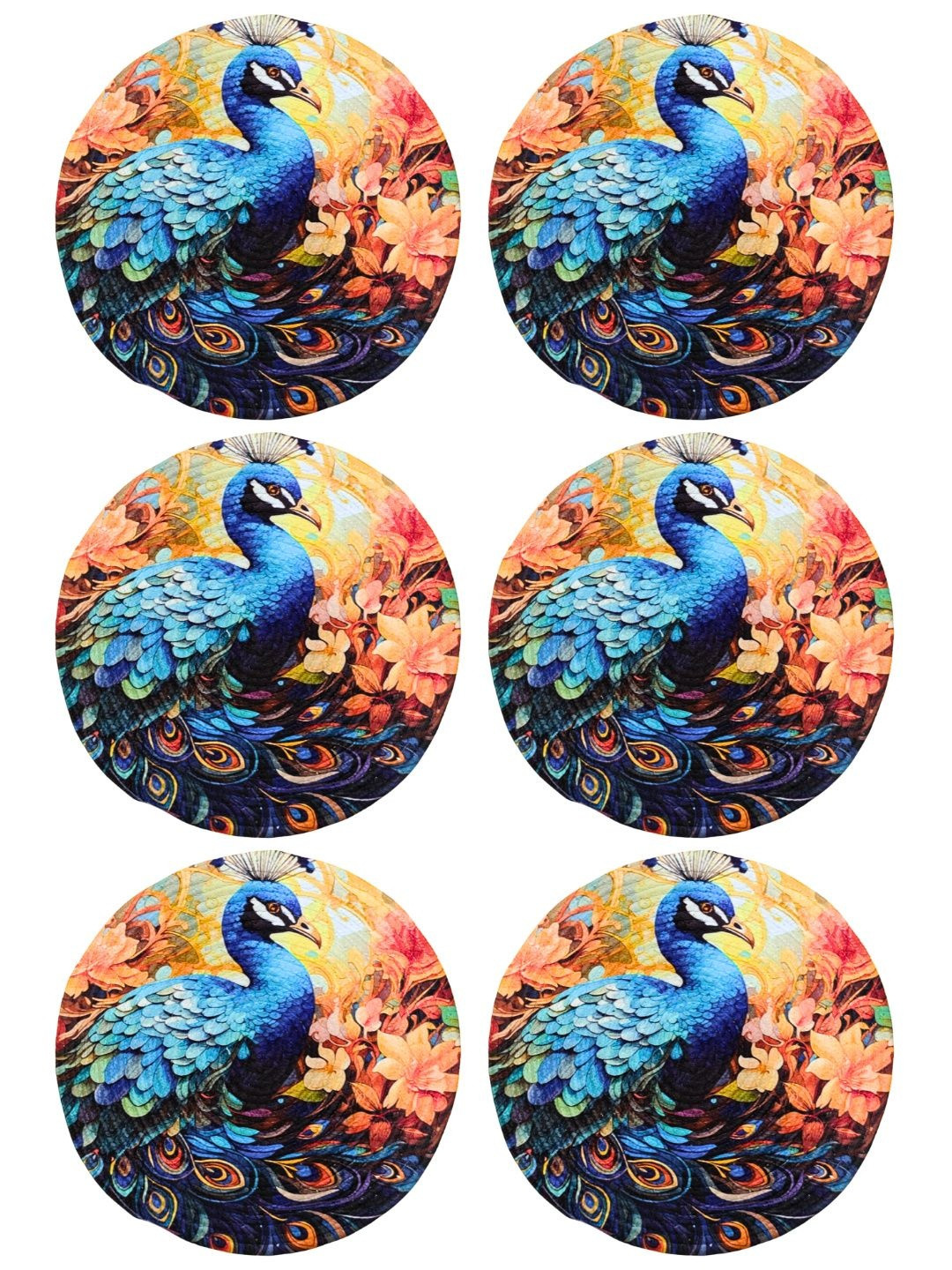 ROUGH ROAD STORE Set Of 6  Blue & Peach-Coloured  Printed Round Table Placemat