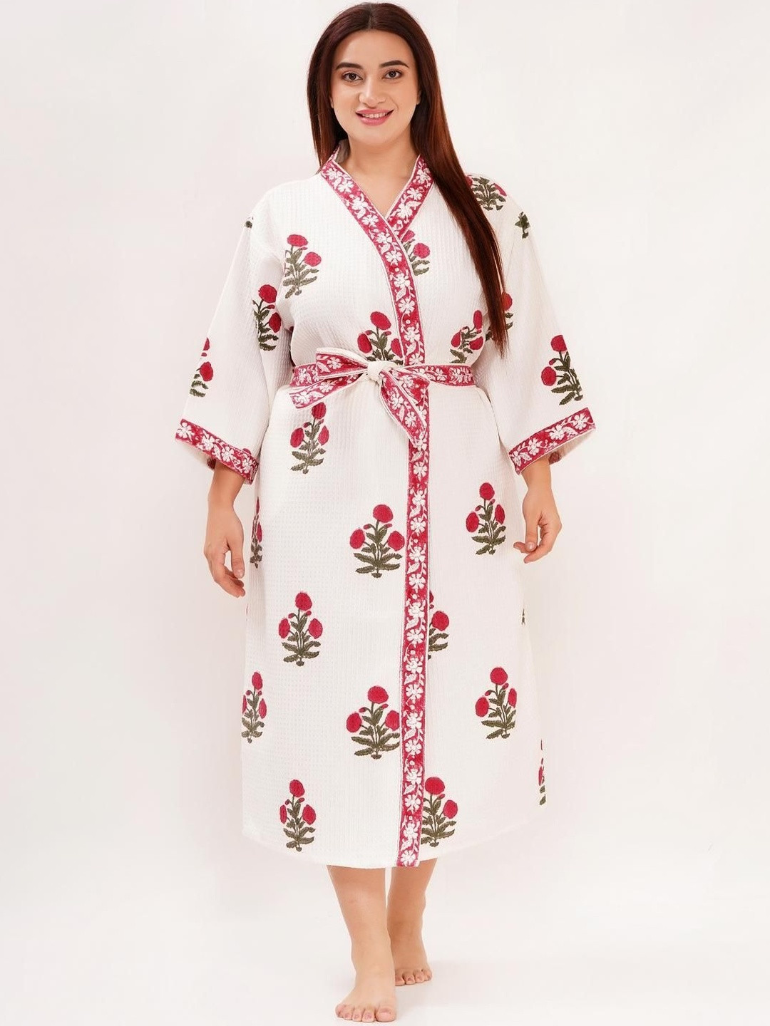 POORAK White Floral Printed Cotton Tie-Ups Knee Length Bath Robe Medium