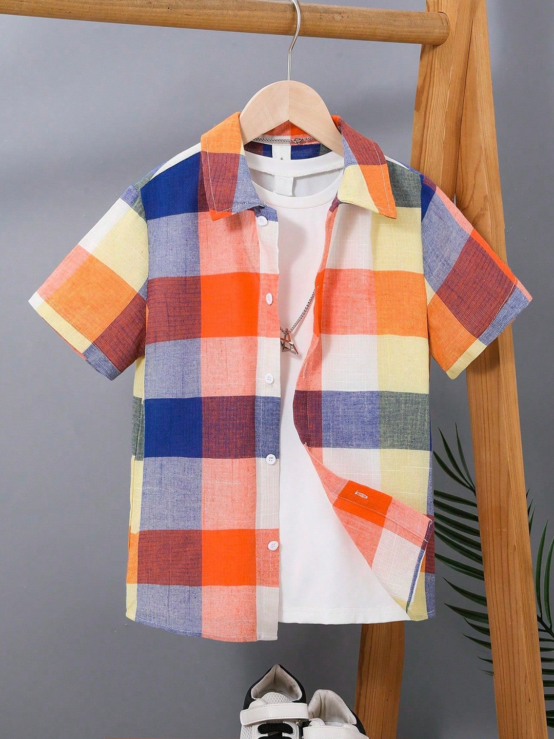 BAESD Boys Checked Spread Collar Cotton Shirt