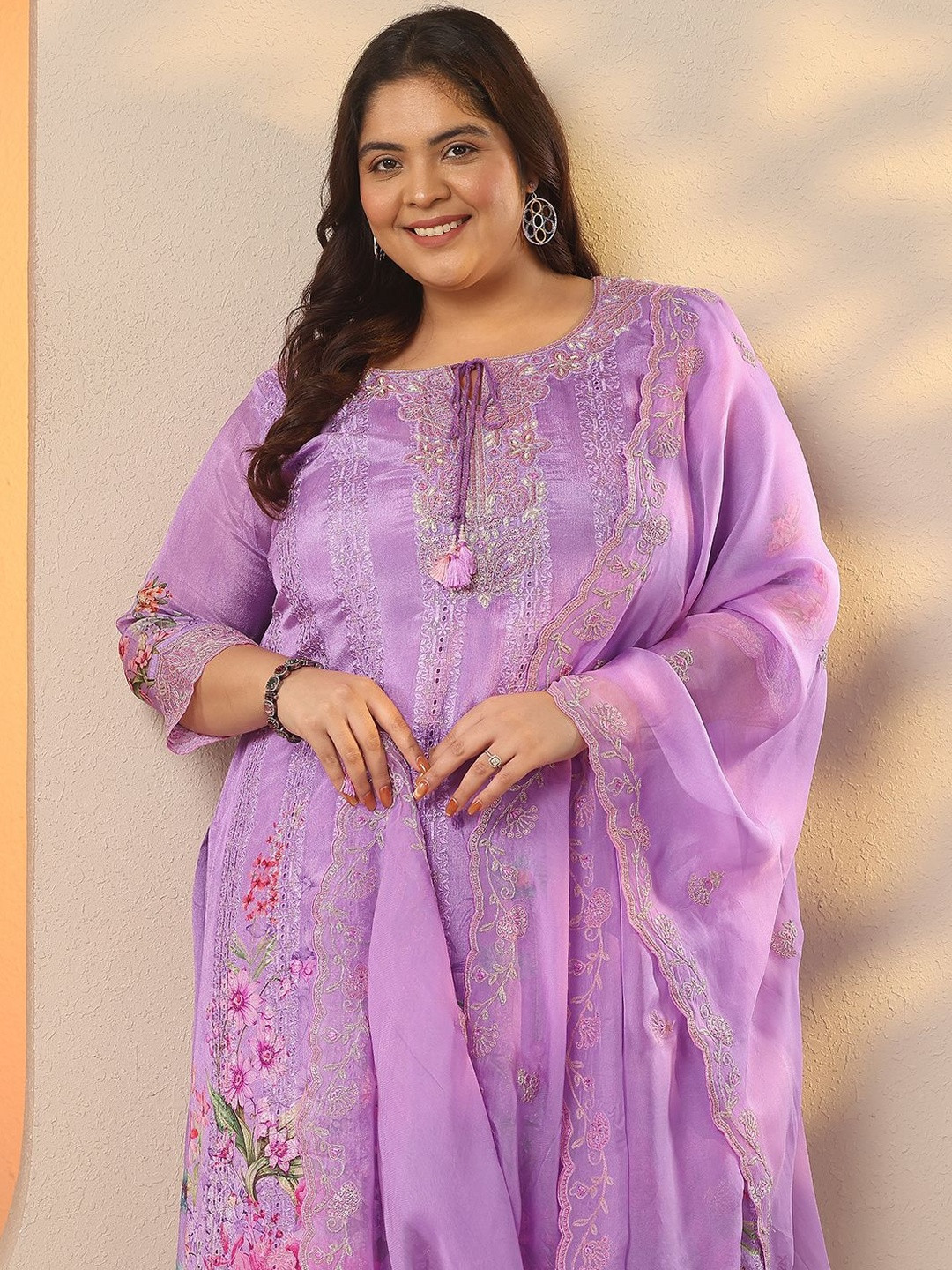 EXTRA LOVE BY LIBAS Embroidered Thread Work Straight Kurta With Palazzos & Dupatta