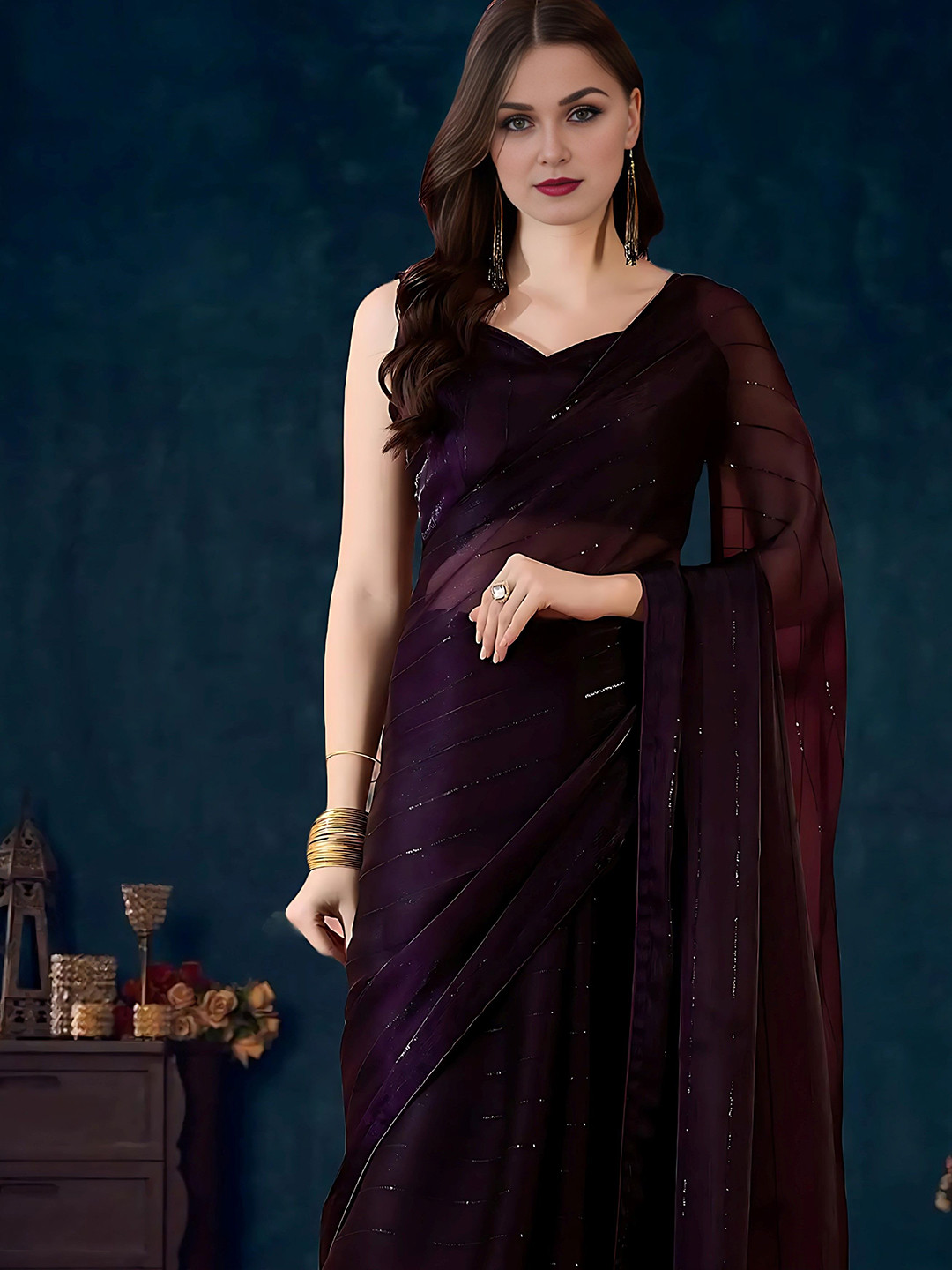 House of Pataudi Embellished Two Tone Saree With Stitched Blouse