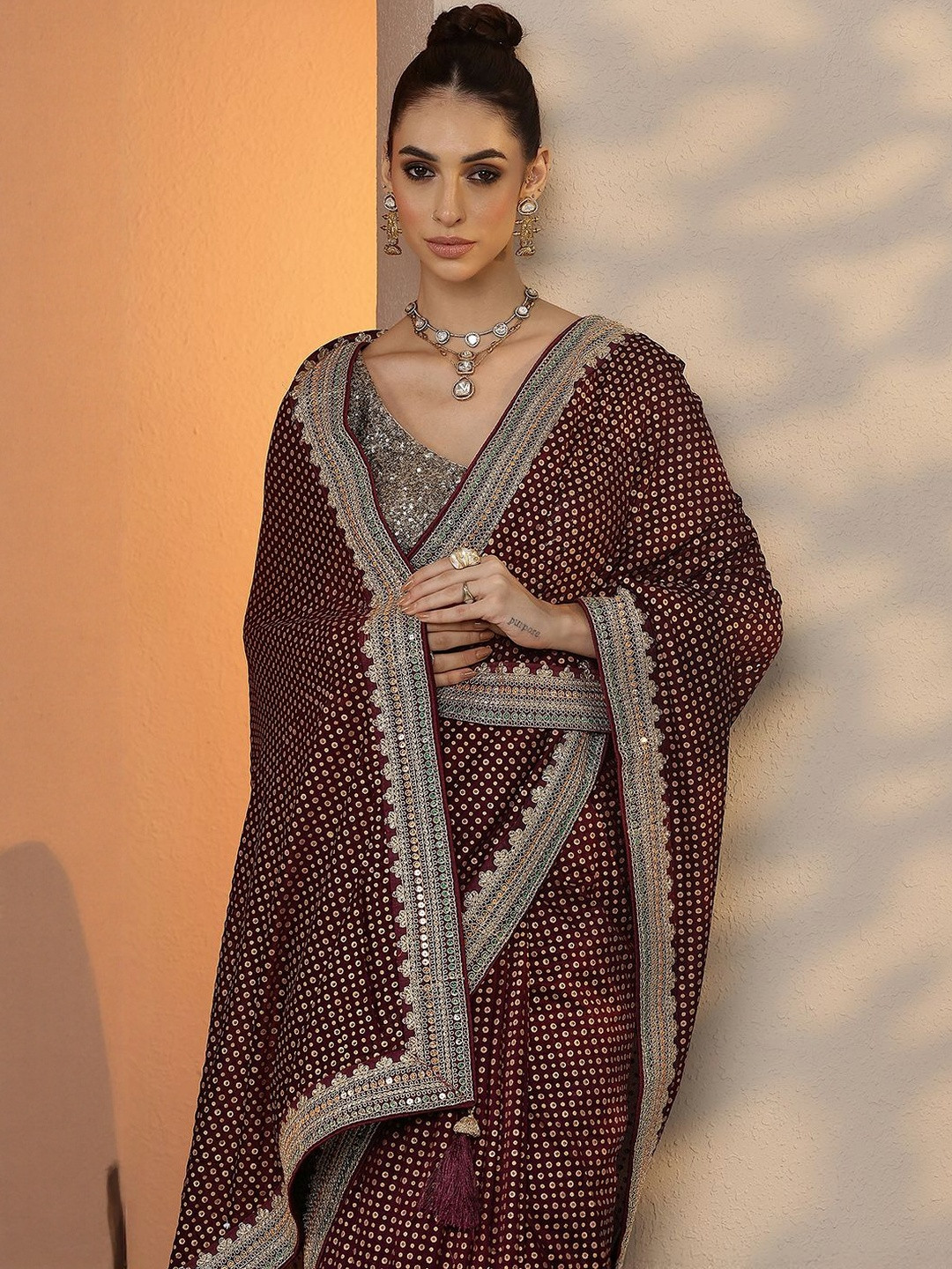 Libas Polka Dot Sequinned Silk Blend Heavy Work Saree