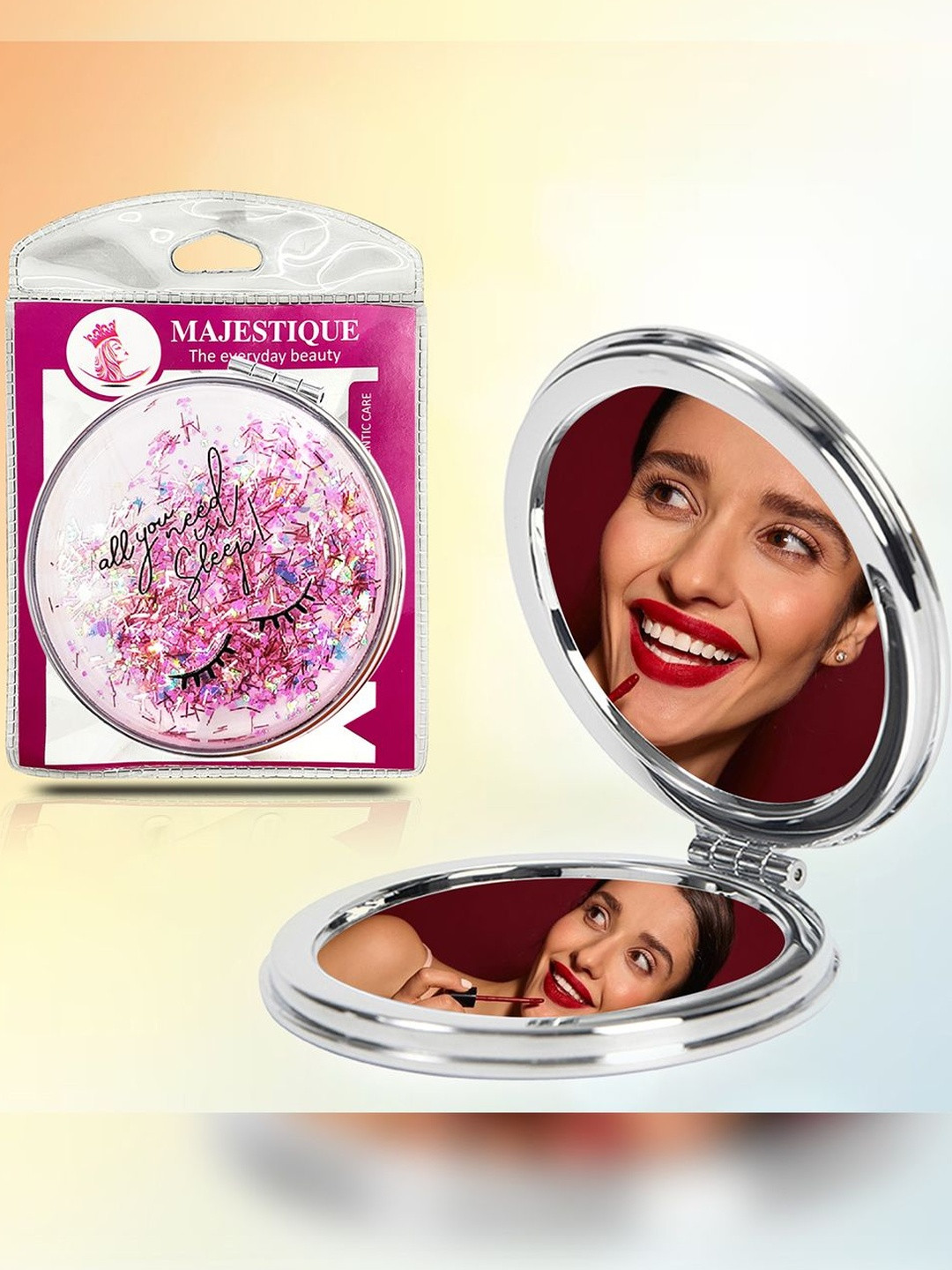 MAJESTIQUE Glitter Round Shape High-Quality Durable And Sturdy Makeup Mirror