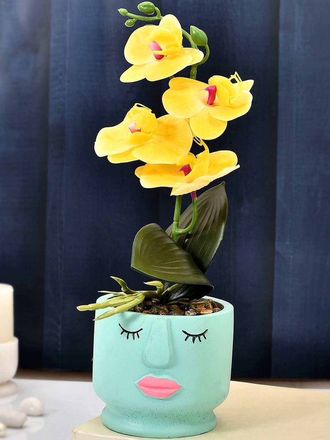 Myntra Elegant Homes Blue & Yellow Orchid Artificial Plant With Pot