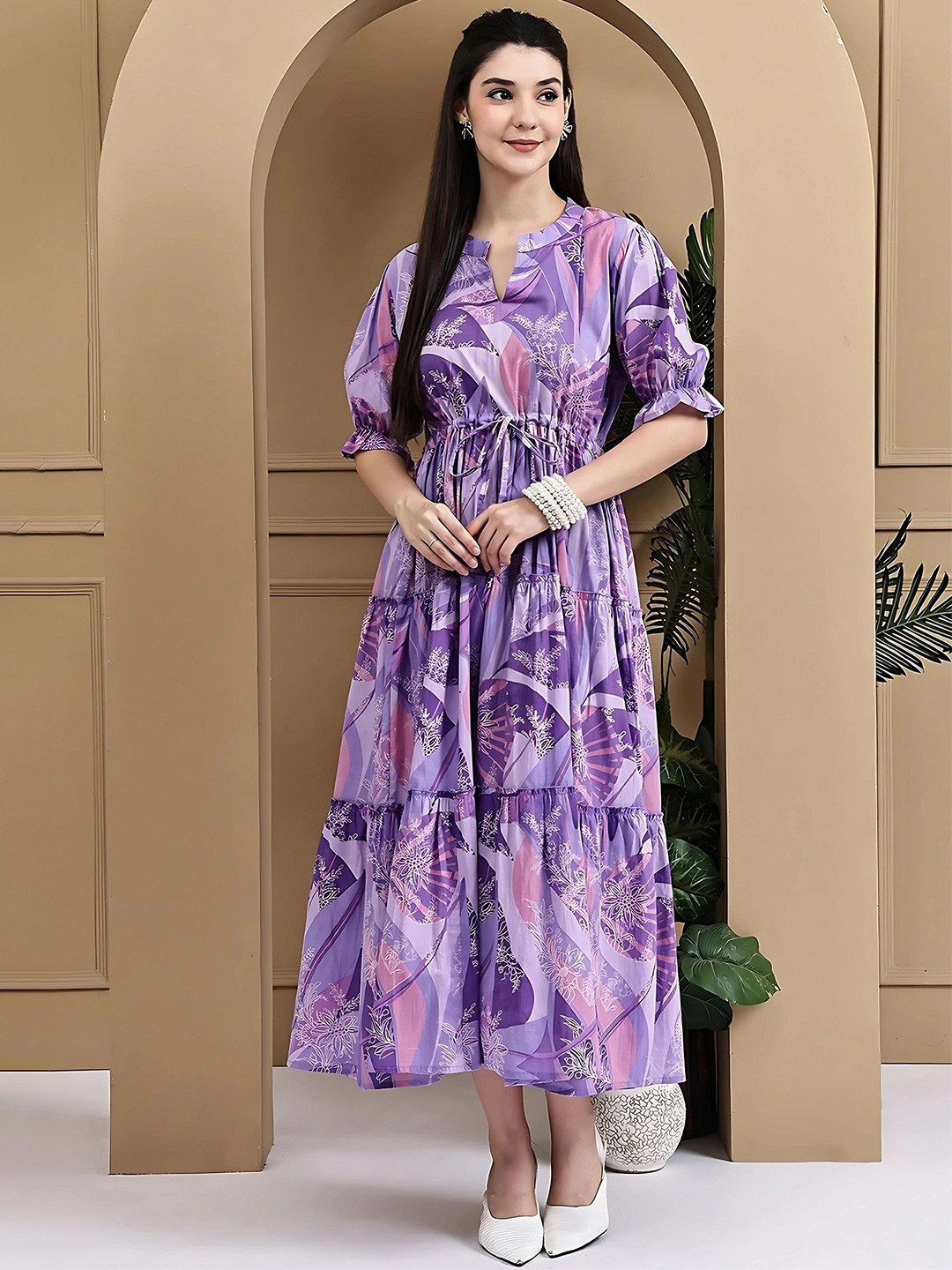 PTVIZE Abstract Printed V-Neck Gathered Or Pleated Puff Sleeves A-Line Midi Dress