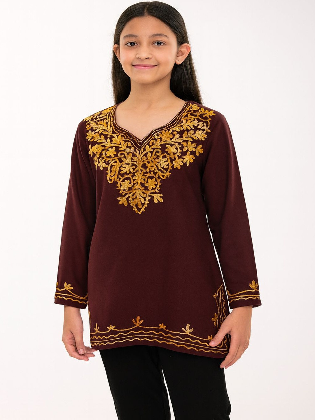 BlueWears Girls Floral Embroidered V-Neck Short Kurti with 3/4 Sleeves & Elegant Neckline