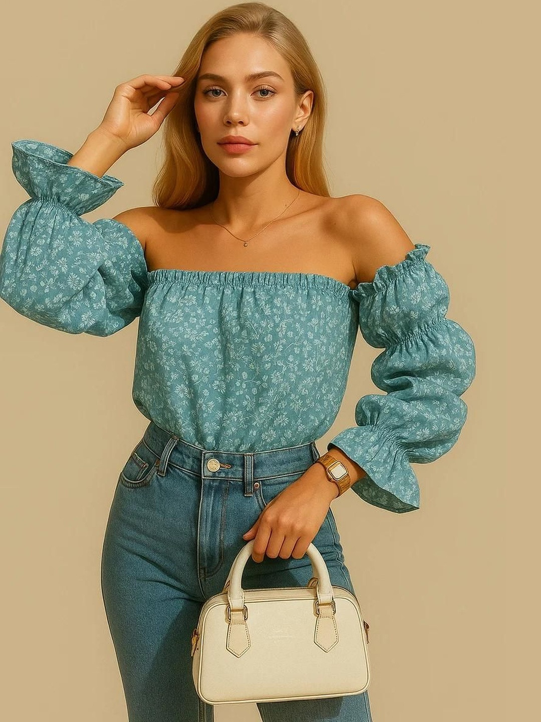 LAESTILOSO PRIVATE LIMITED Floral Printed Off-Shoulder Bell Sleeves Top