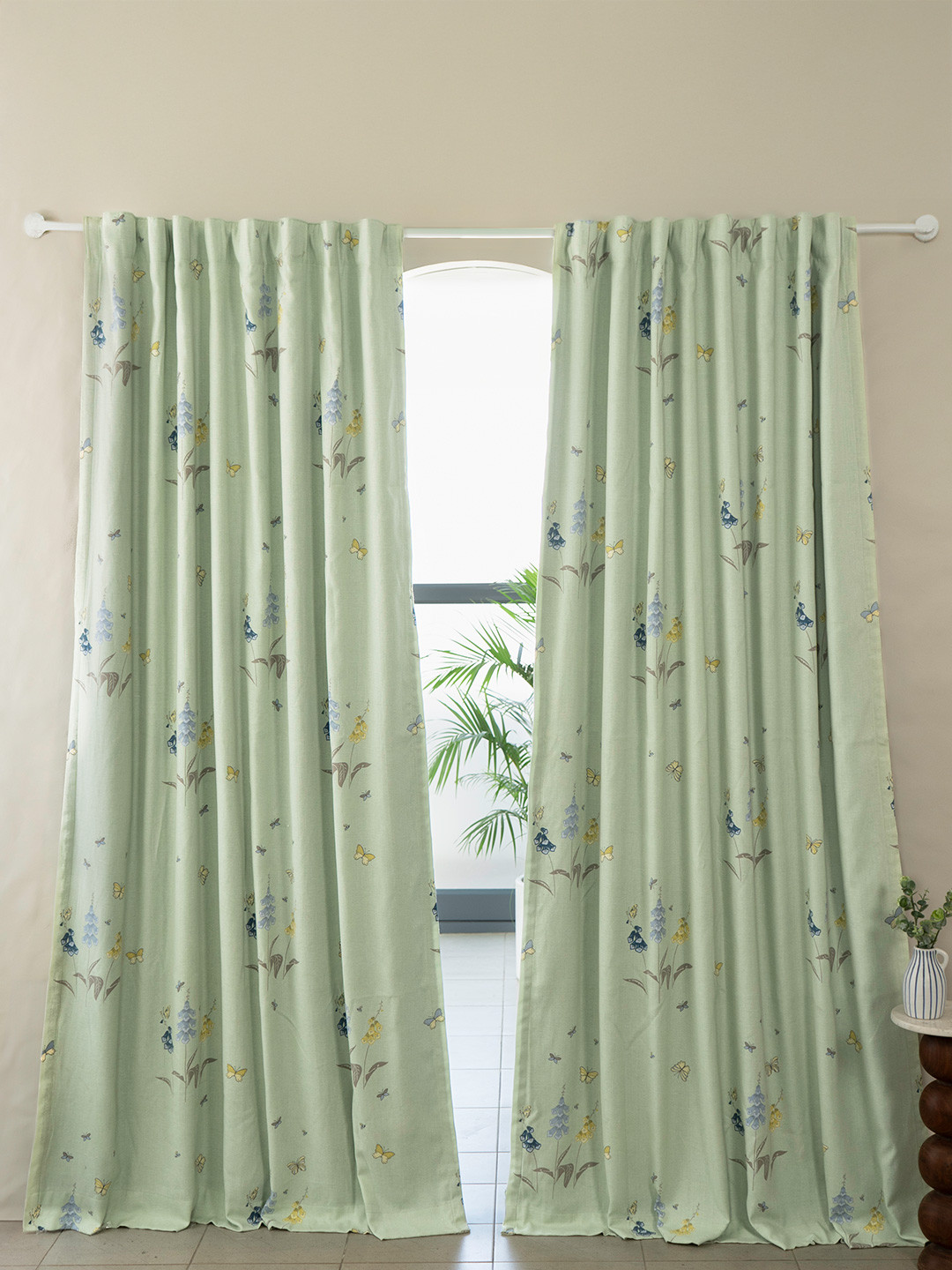 Tranquebar Home Green 2 Pieces Floral Printed Fade Resistant Black Out Window Curtains