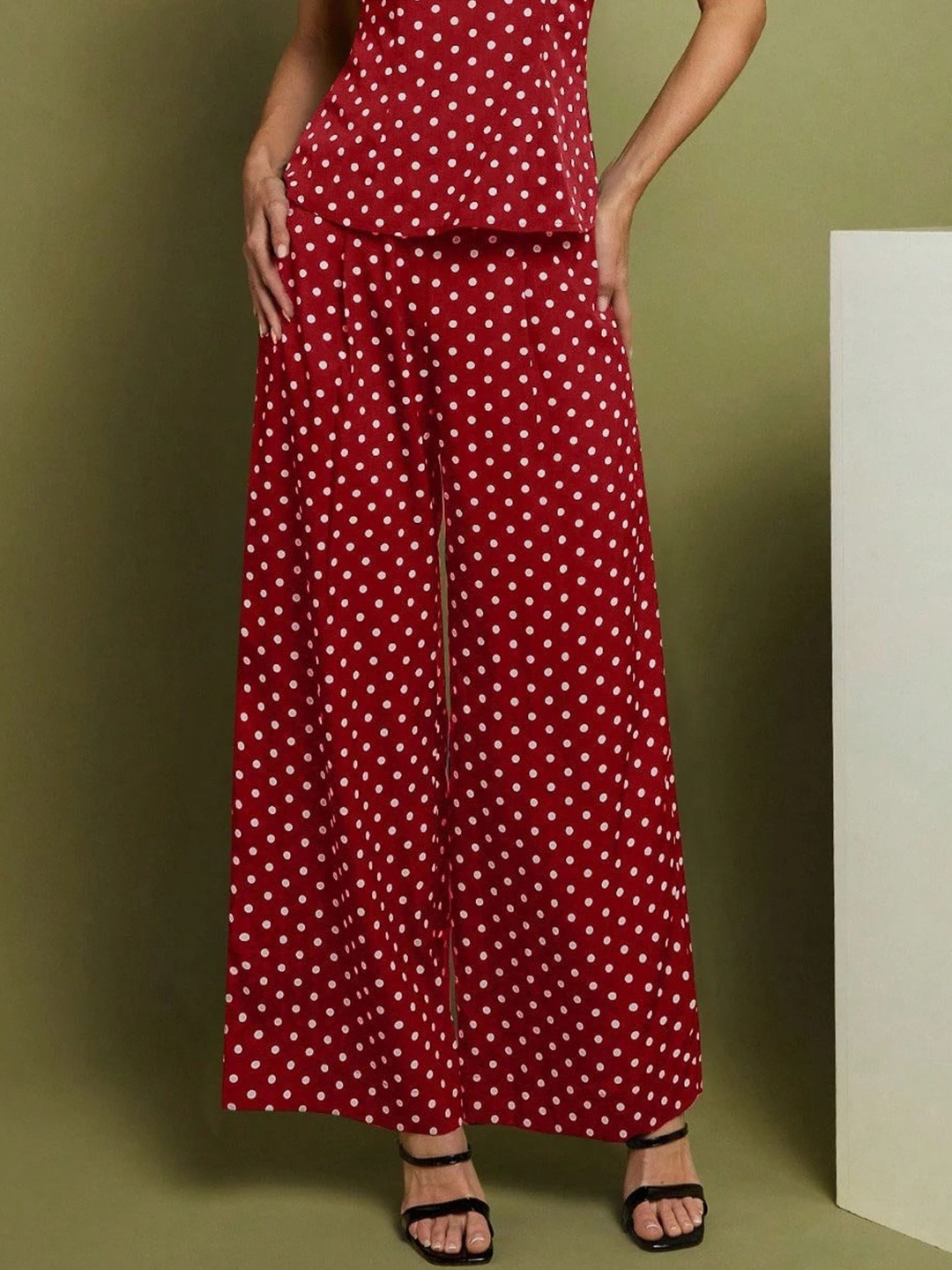 ZYNG Relaxed Polka Dot Printed Mid-Rise Relaxed Fit Easy Wash Palazzo