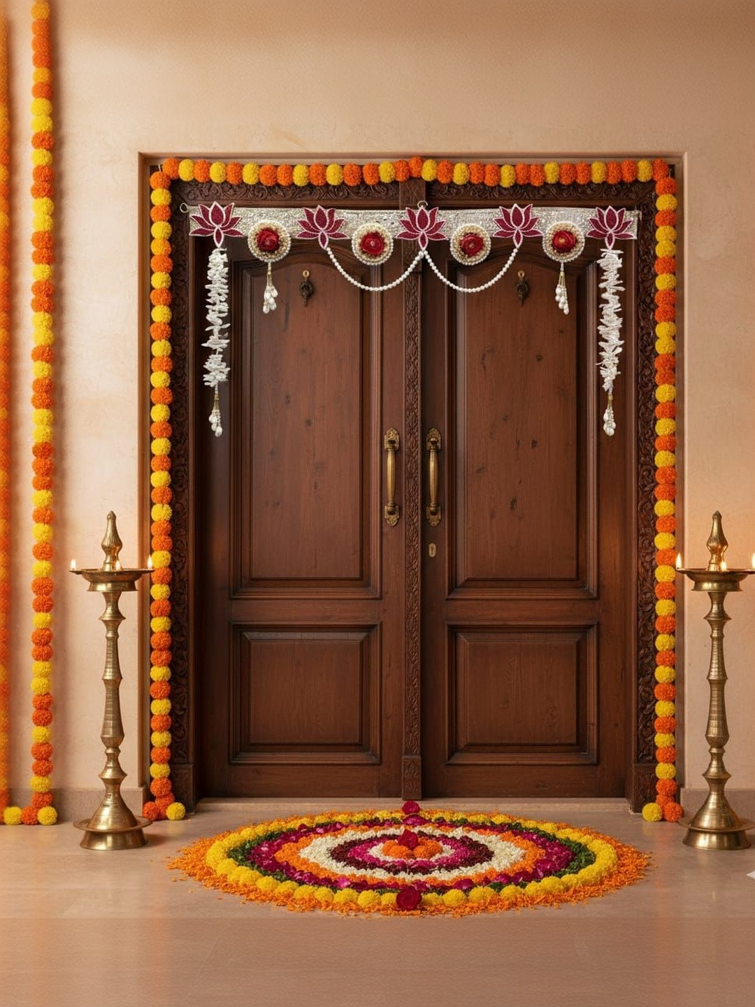 PUFFSMART White & Red Embellished Traditional Indian Door Toran With Flowers & Gajra