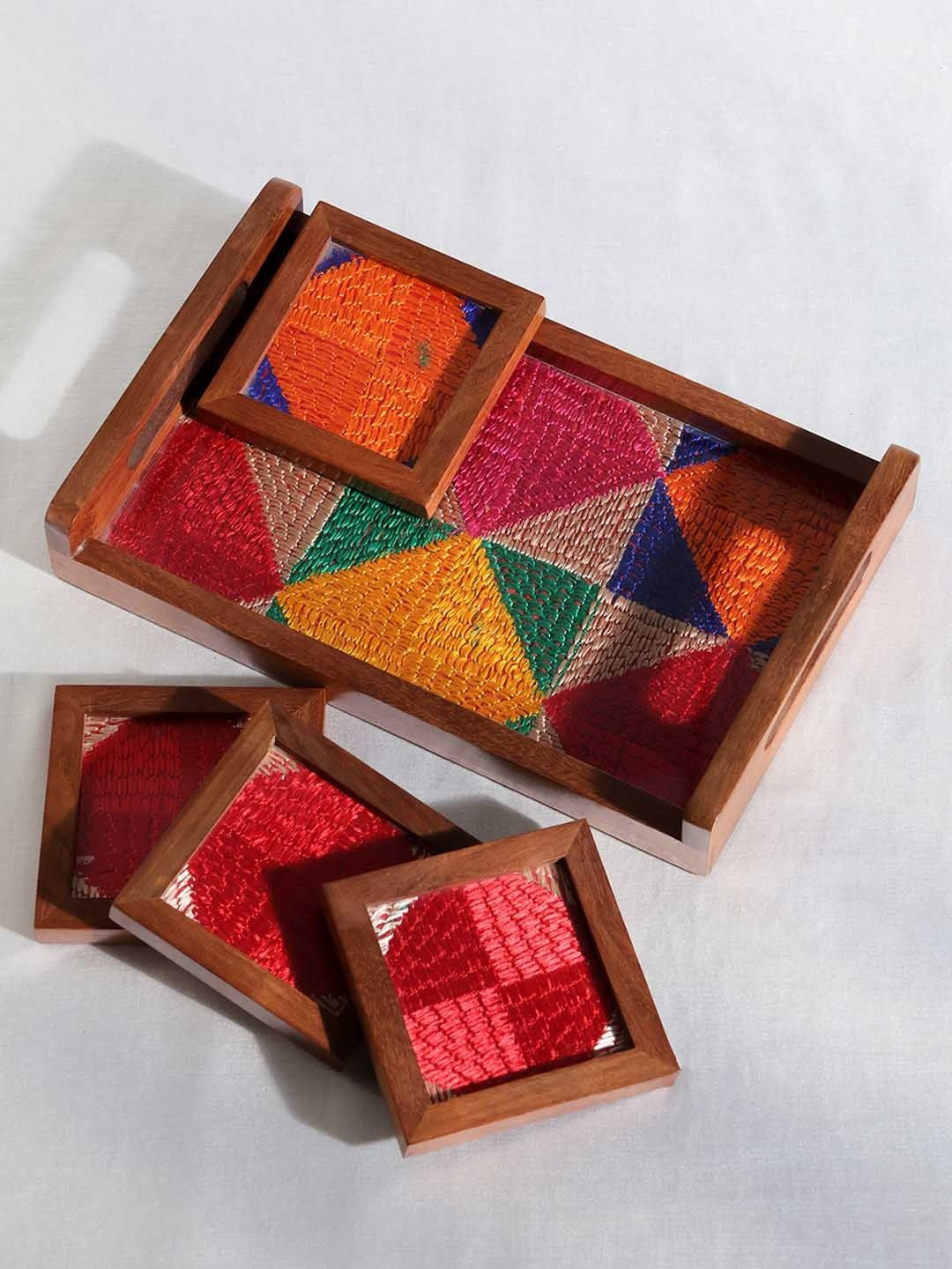 Eyaas Beige Sheesham Wooden & Phulkari Silk Easy To Clean Serving Tray With 4 Coasters Set