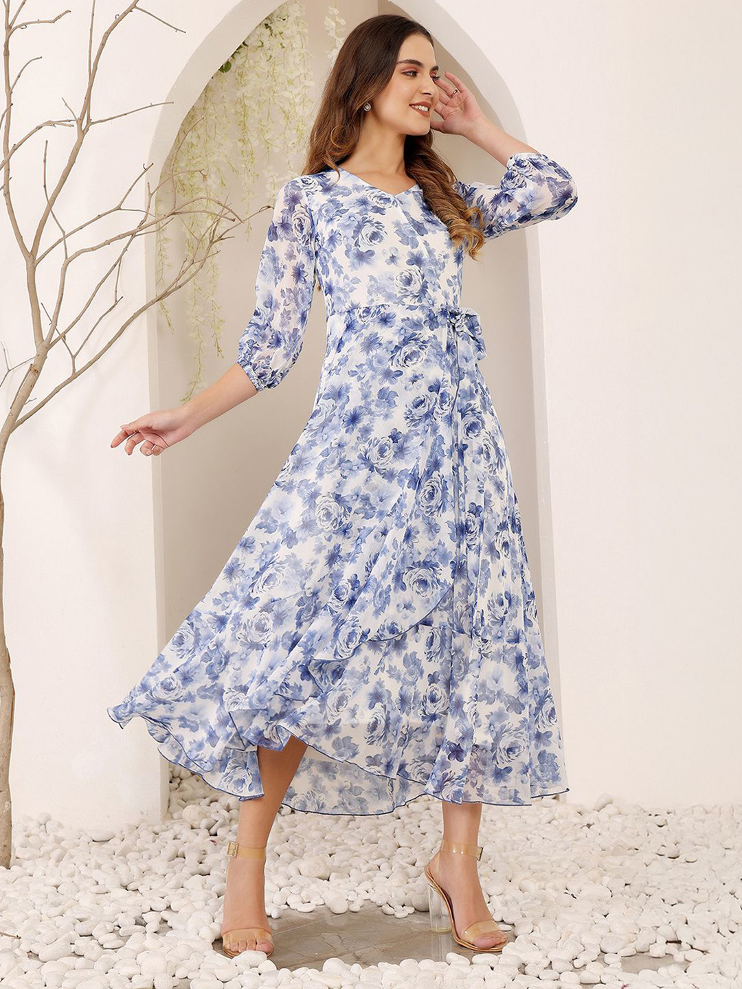 Miss Chase Women's V-Neck Floral Wrap Chiffon Midi Dress