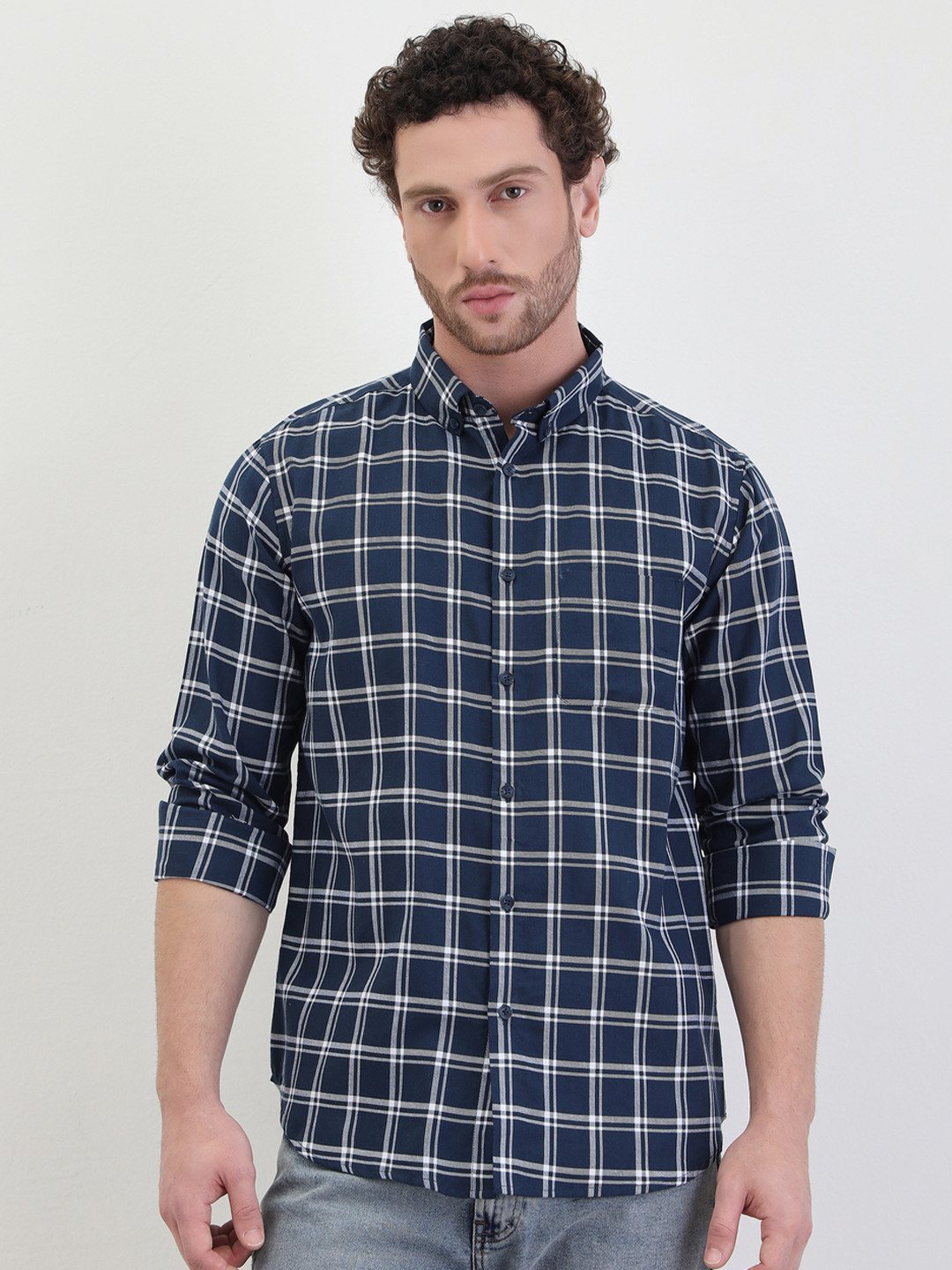 Styli Men Regular Fit Buffalo Checked Button-Down Collar Pure Cotton Casual Shirt