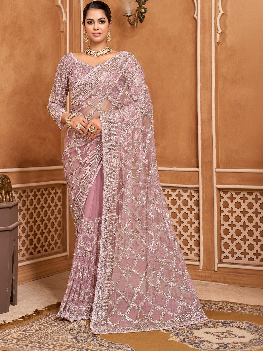 Arron Creats Sequinned Heavy Work Net Saree