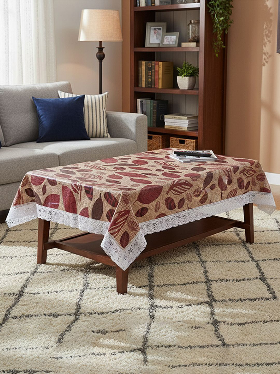 Kuber Industries Brown & White Leaf Print Anti-Skid 4-Seater Table Cover