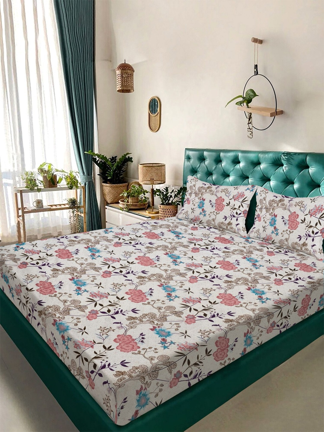 KLOTTHE Pink Floral 300 TC Double Size Fine Bedsheet With Pillow Covers - 98 x 88 In