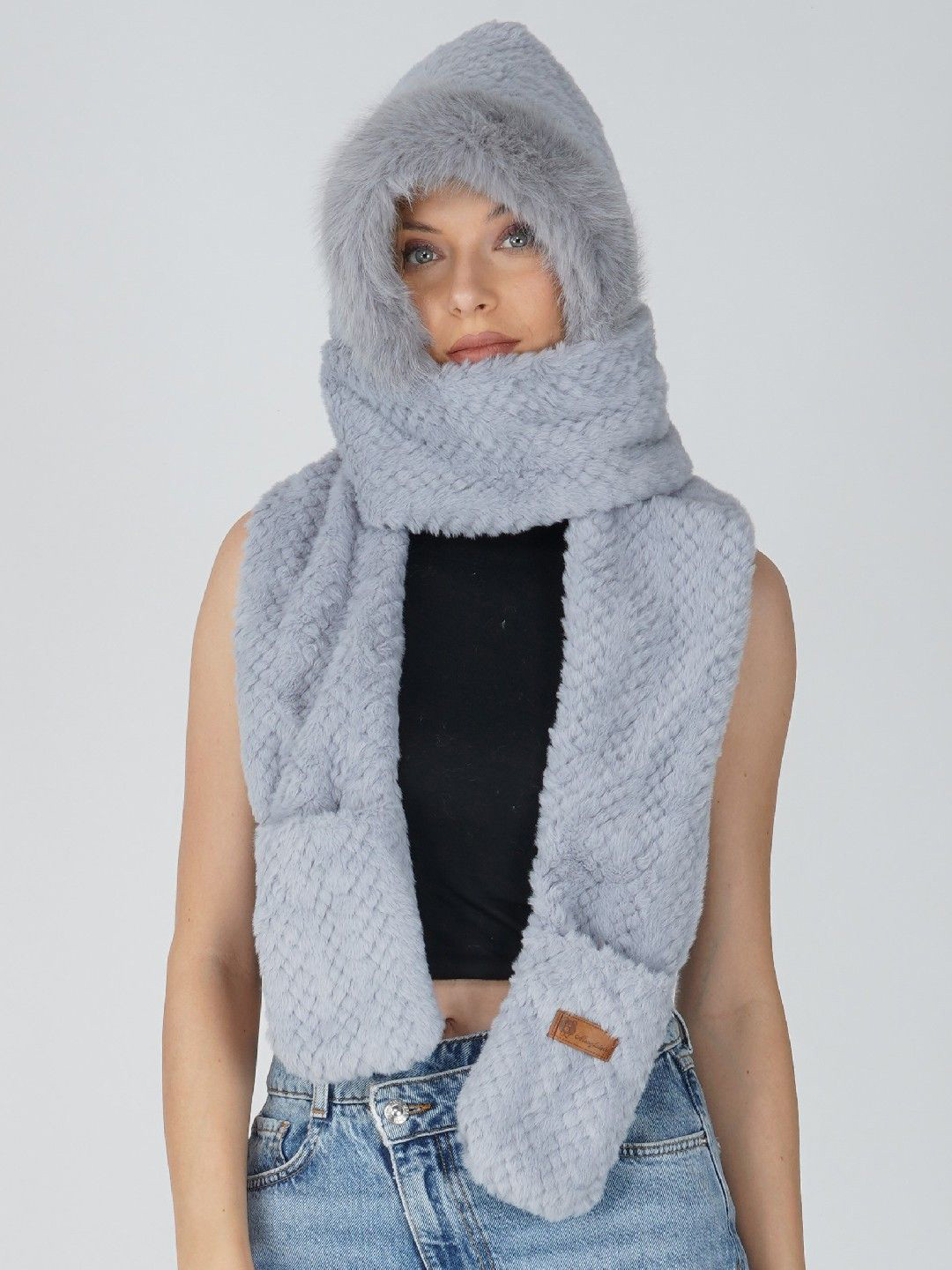 2 KOLPOL Women Self Design Hoodie Hat Scarf Gloves Set Woollen Beanie