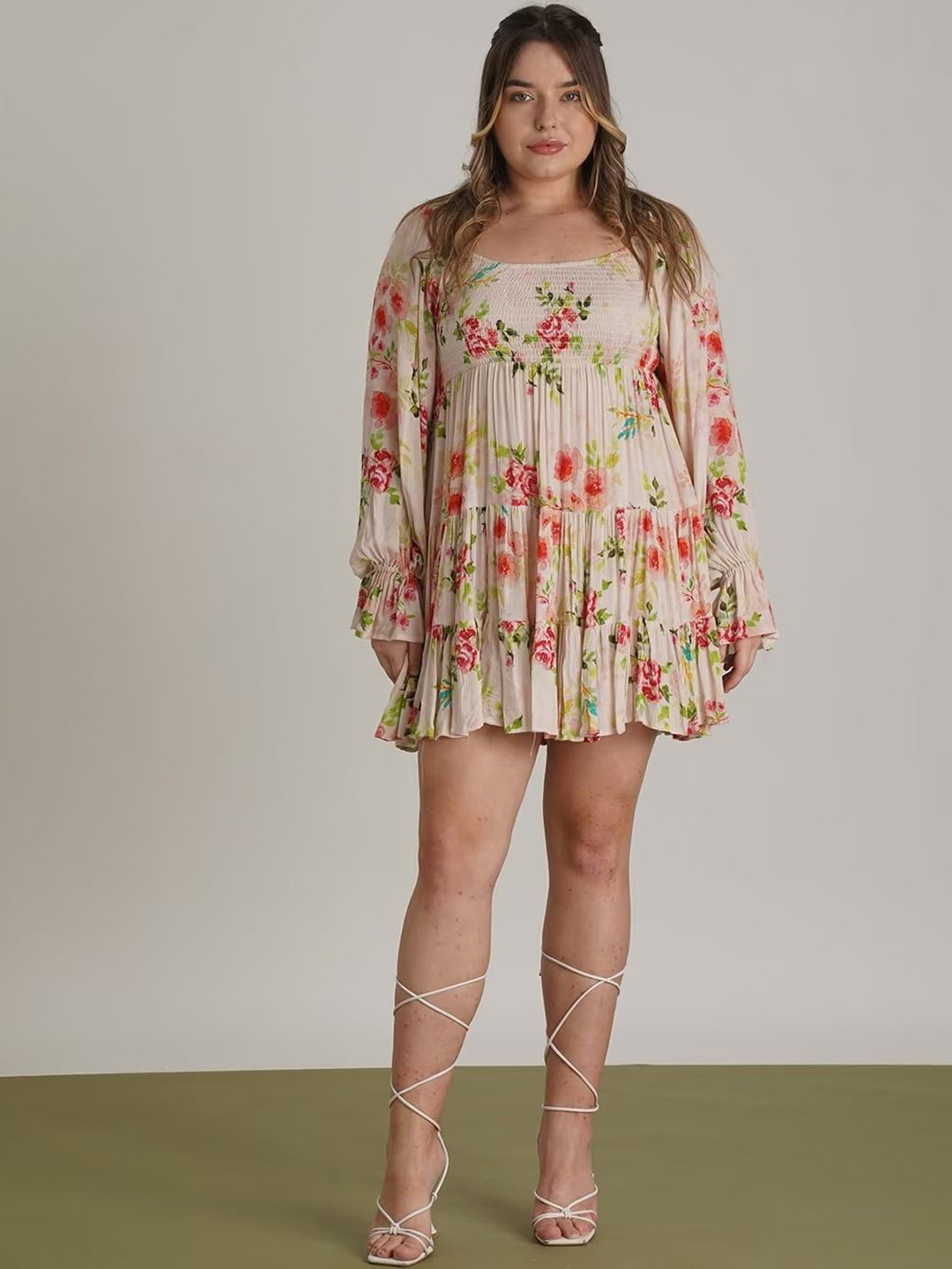 Mia Magell Women Floral Printed Square Neck Crepe A-Line Mini Dress