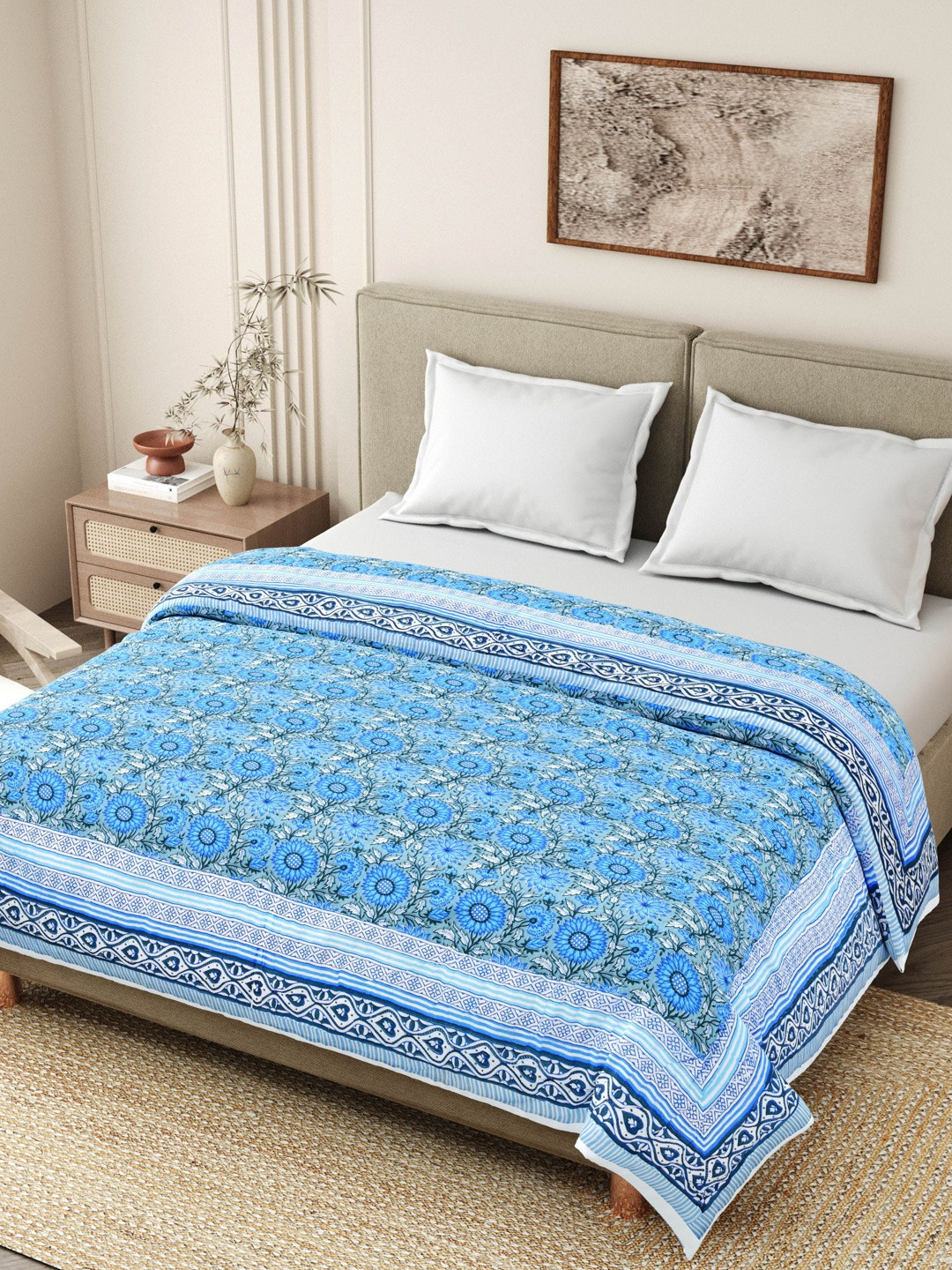 The Craft Monk Blue Printed Cotton Skin Friendly 350 GSM Mild Winter Quilt