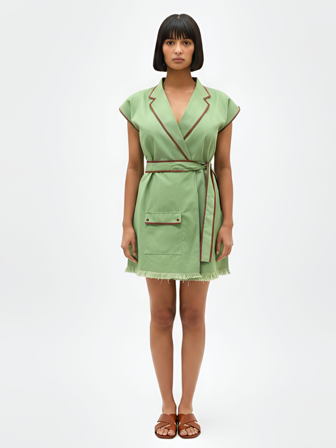 Neora Women V-Neck Cap Sleeves Belted Wrap Above Knee Dress