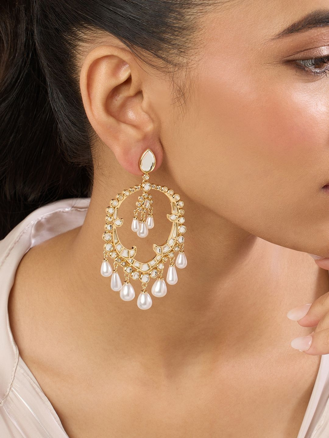 Isharya 18kt Gold Plated Crescent Shaped Artificial Stones Studded Chandbalis Earrings
