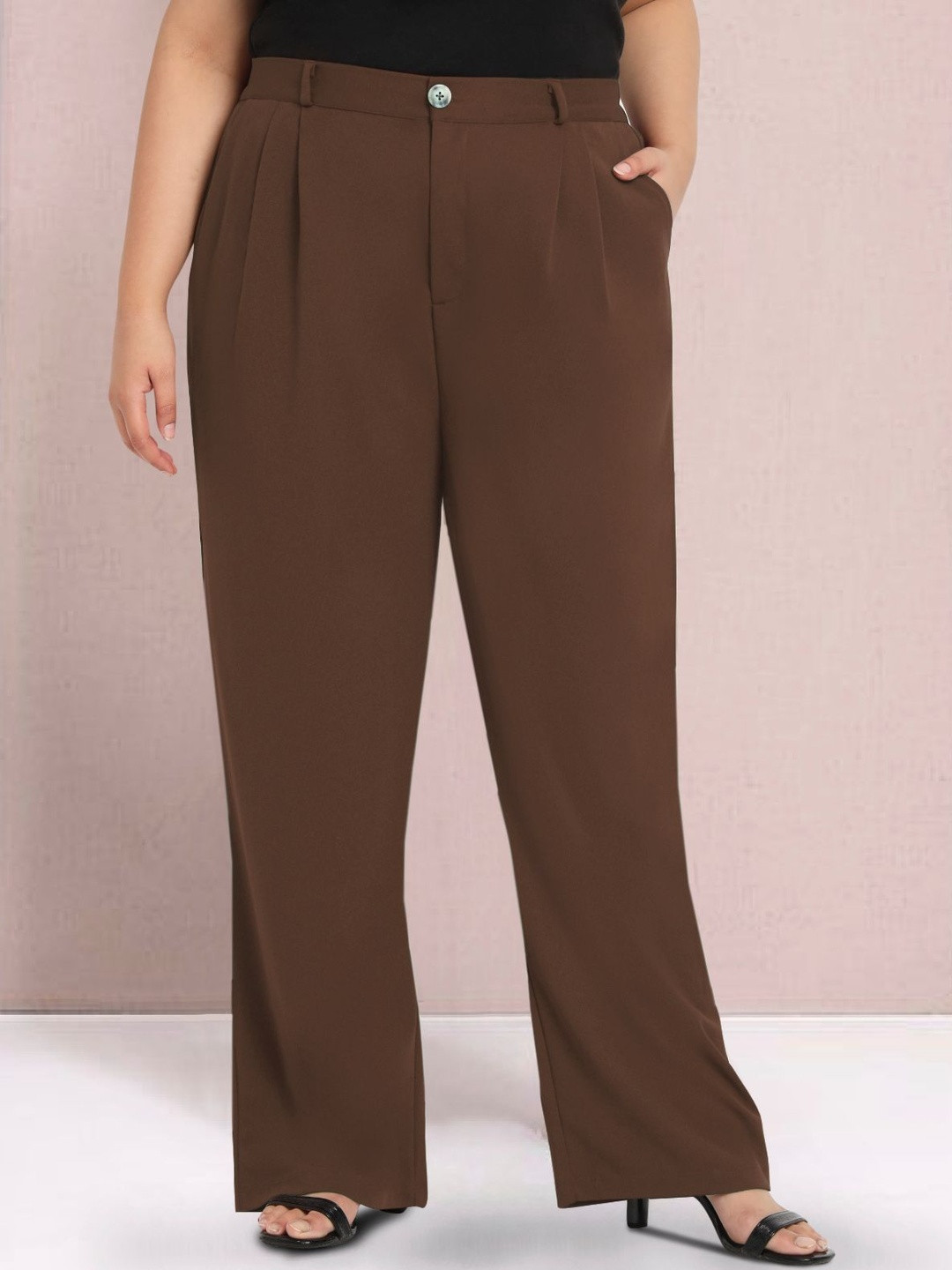 wild U Women Smart Straight Fit High-Rise Wrinkle Free Plus Size Pleated Trousers
