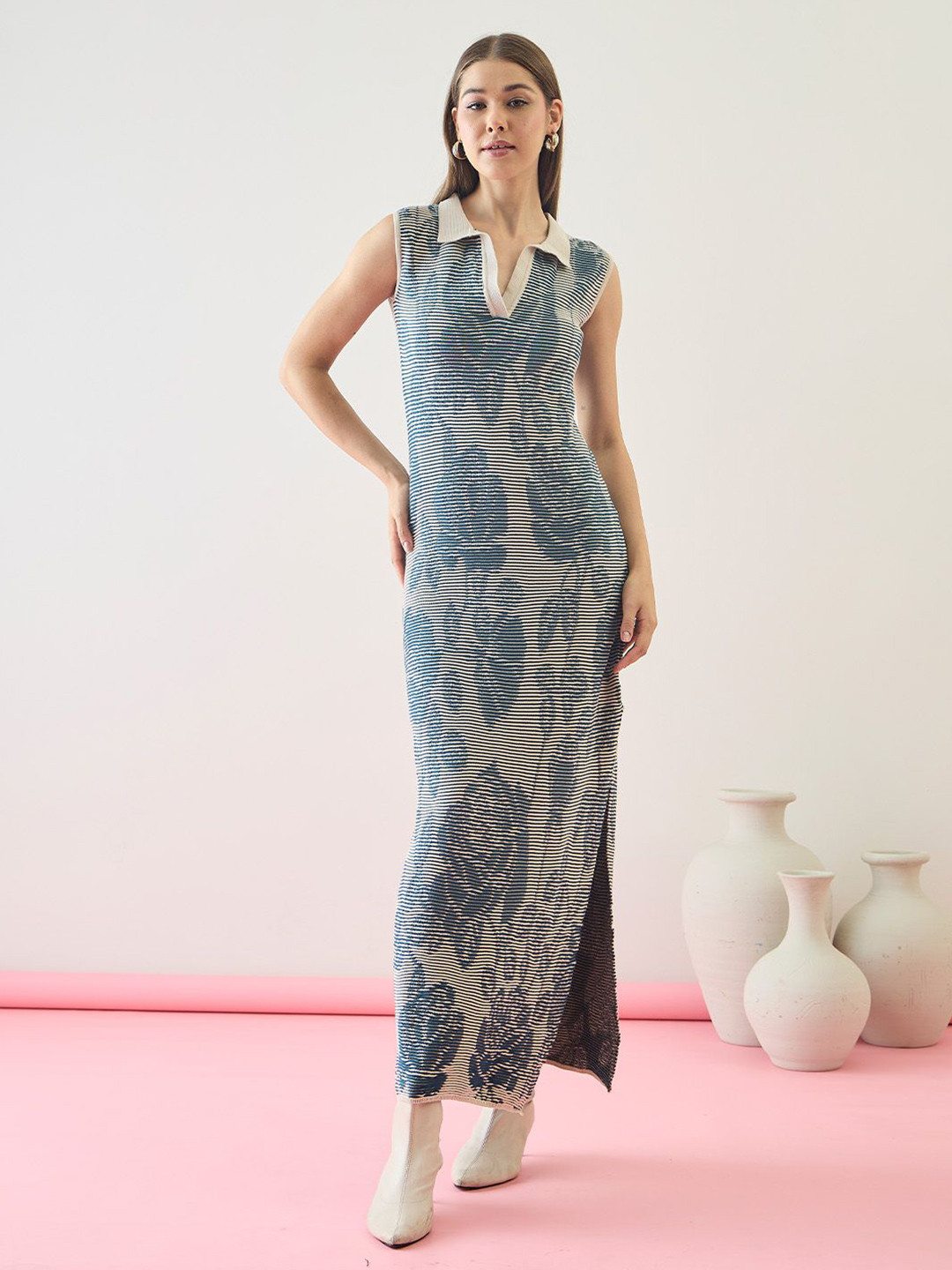 ZUMMER Floral Printed Polo Collar Sleeveless Sheath Maxi Dress