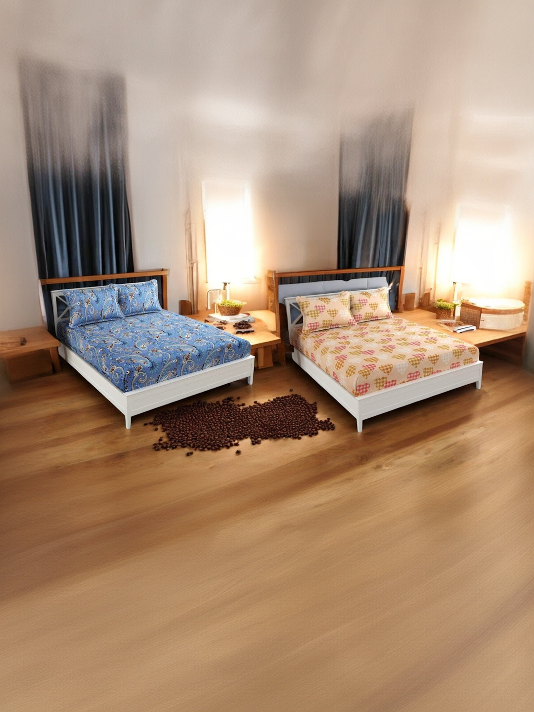 Homybees Set Of 2 Blue & Cream Paisley Printed 220 TC King Bedsheet with 4 Pillow Covers