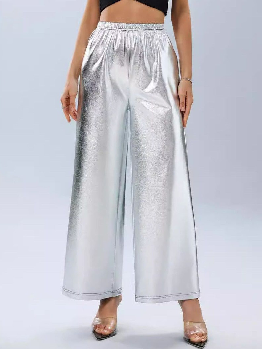 Oh Rare Women High-Rise Wide Leg Sheen Parallel Trousers