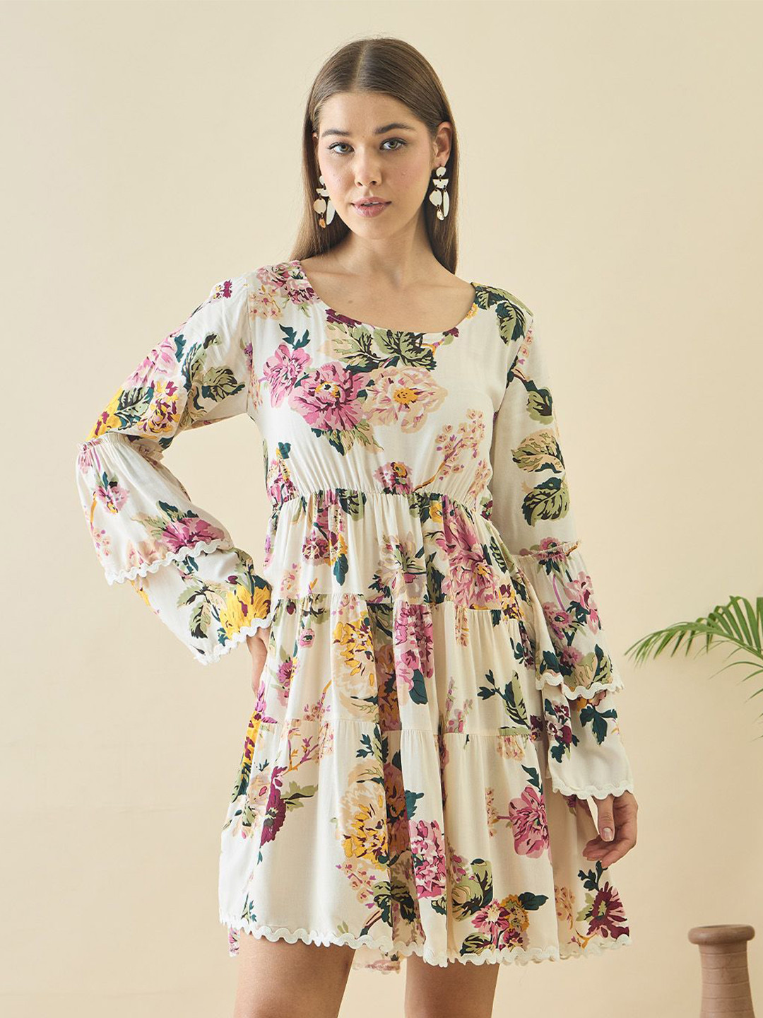 ZUMMER Floral Printed Smocked Tie up Detail Bell Sleeve Fit & Flare Dress
