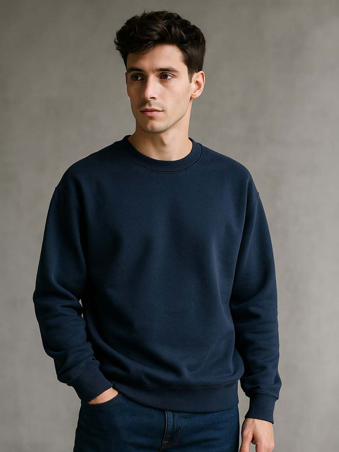 Organic Chics Men Solid Round Neck Navy Fleece Sweatshirt