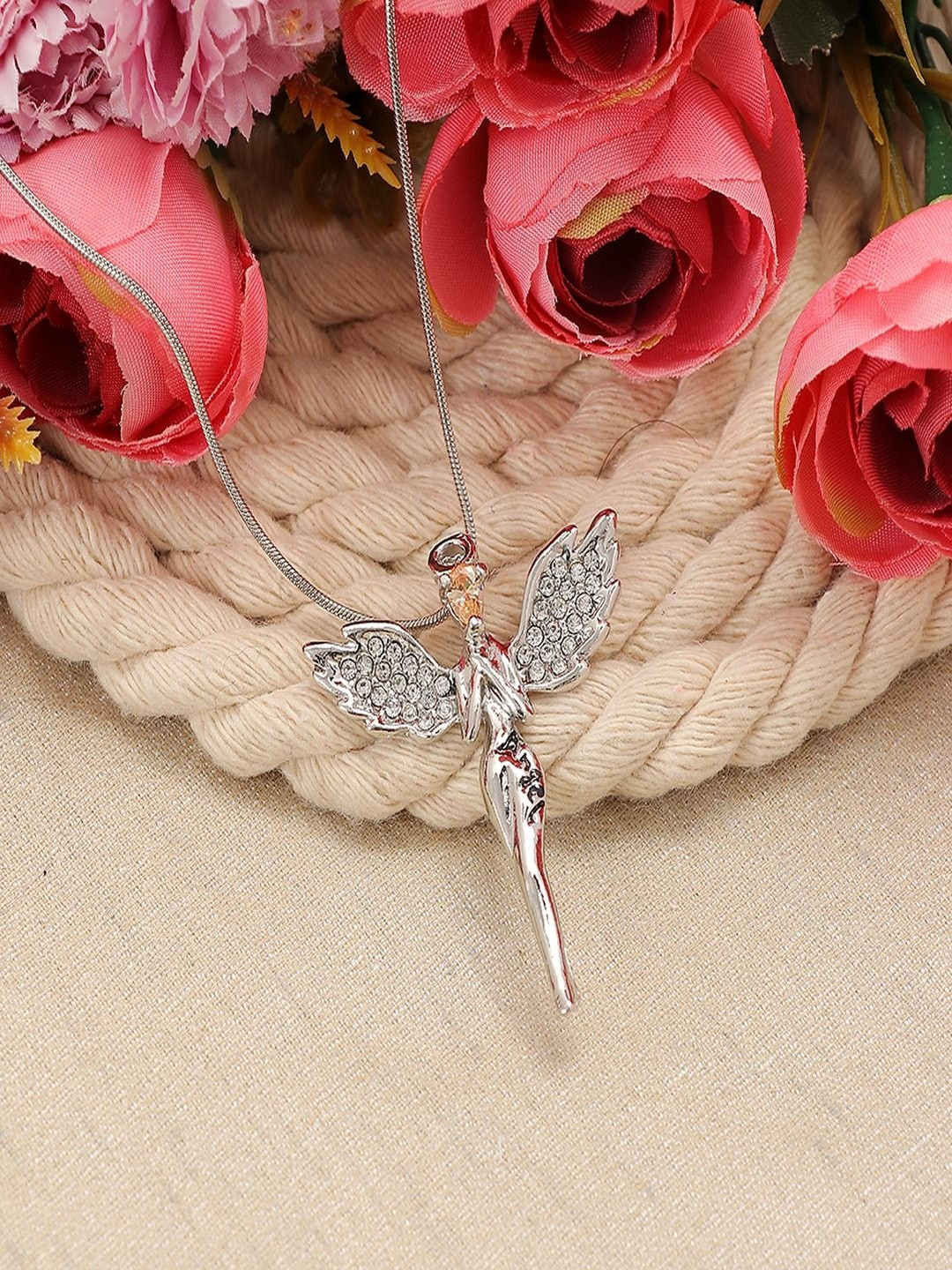 Jewelgenics Silver-Plated Cubic Zirconia Studded Angel Antique Pendant With Chain