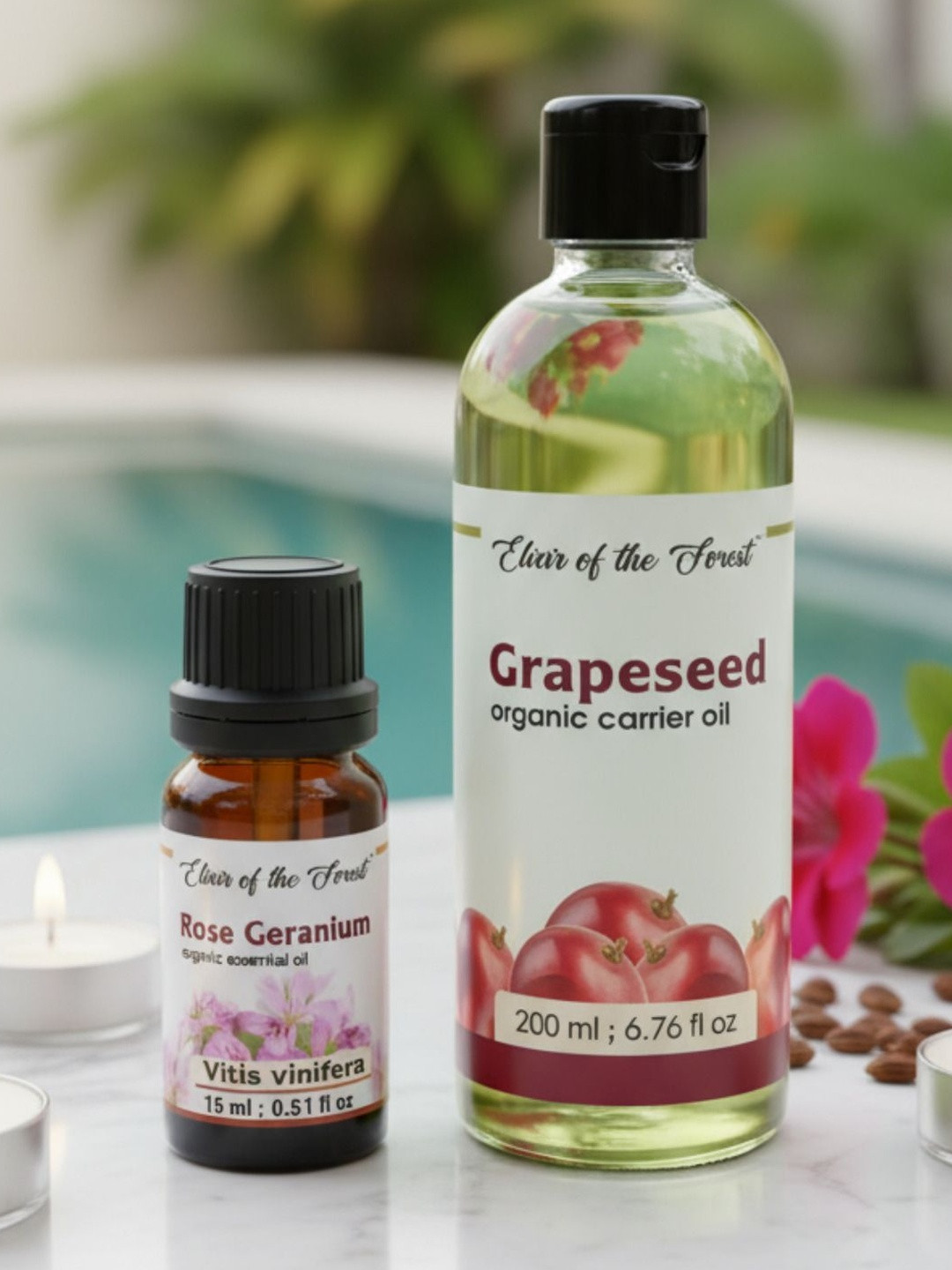 ELIXIR OF THE FOREST Set Of 2 Rose Geranium Essential Oil -15 ml & Grapeseed Oil - 200 ml