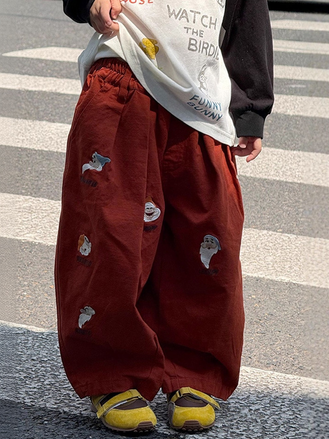 LULU & SKY Girls Cotton Conversational Printed Wide Leg High-Rise Trousers