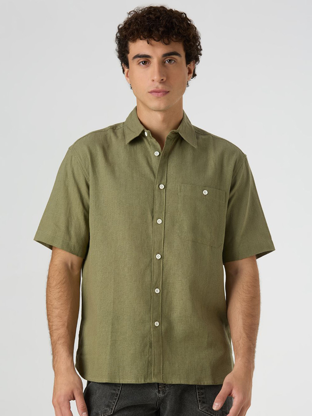 JOHN WATSON Men Classic Relaxed Fit Textured Spread Collar Cotton Casual Shirt