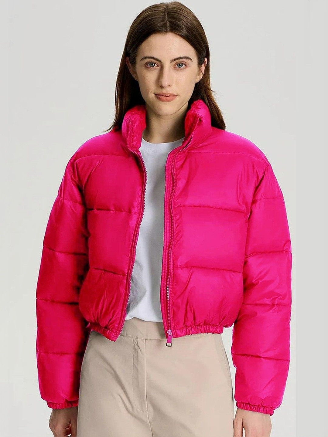 MOD APPARELS Women Mandarin Collar Lightweight Crop Puffer Jacket