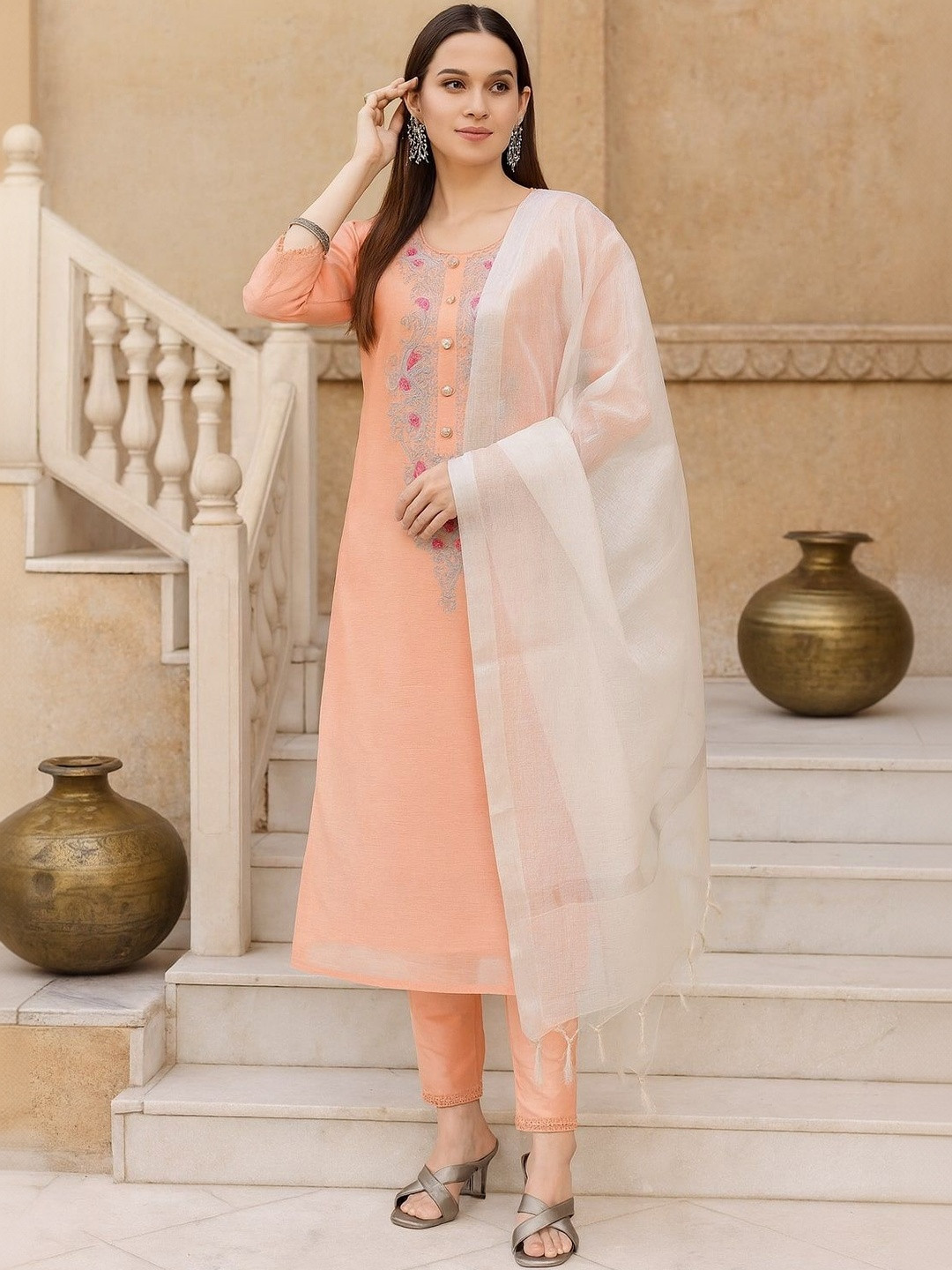 Tulsattva Floral Yoke Design Thread Work Block Print Kurta With Trousers & Dupatta