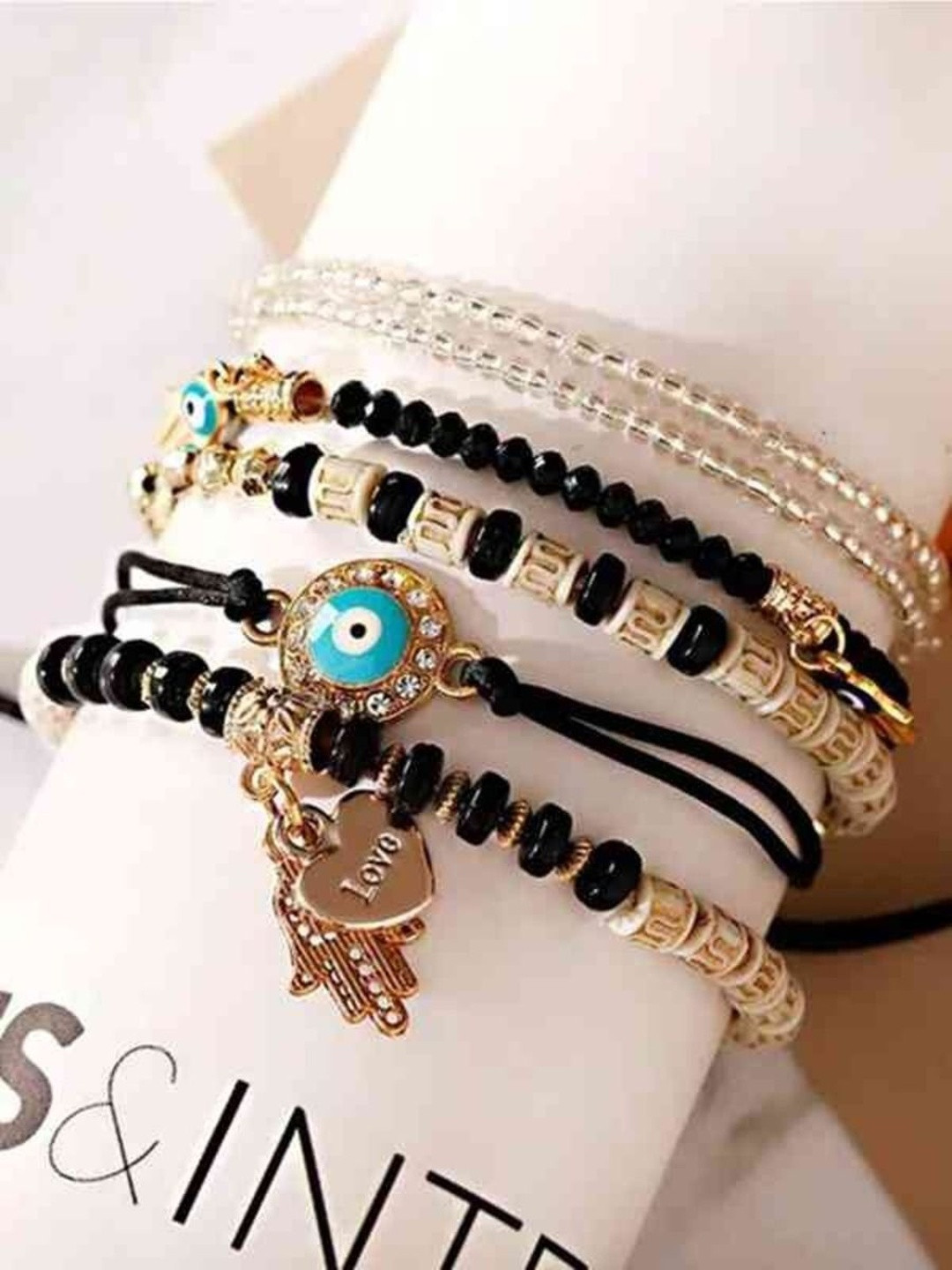 TheVineGirl Women Set of 6 Crystals Evil Eye Charm Bracelets