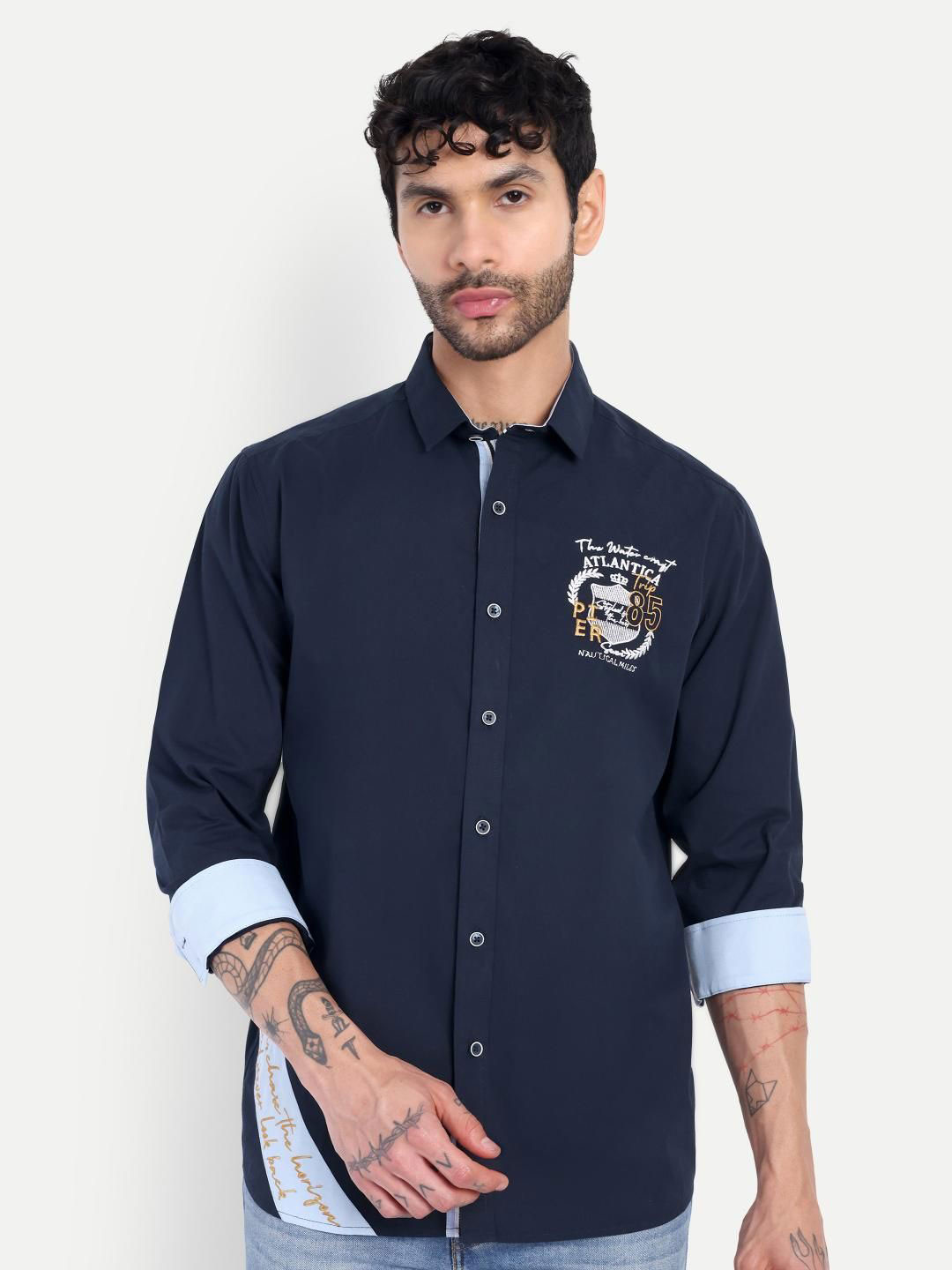 PIER 7 Men Premium Typography Printed Long Sleeves Regular Fit Spread Collar Casual Shirt
