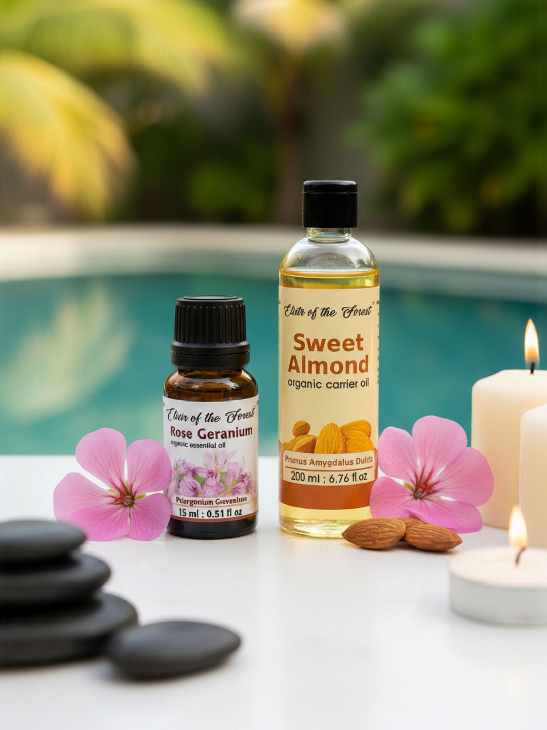 ELIXIR OF THE FOREST Set Of 2 Rose Geranium Essential Oil 15 ml & Sweet Almond Oil 200 ml
